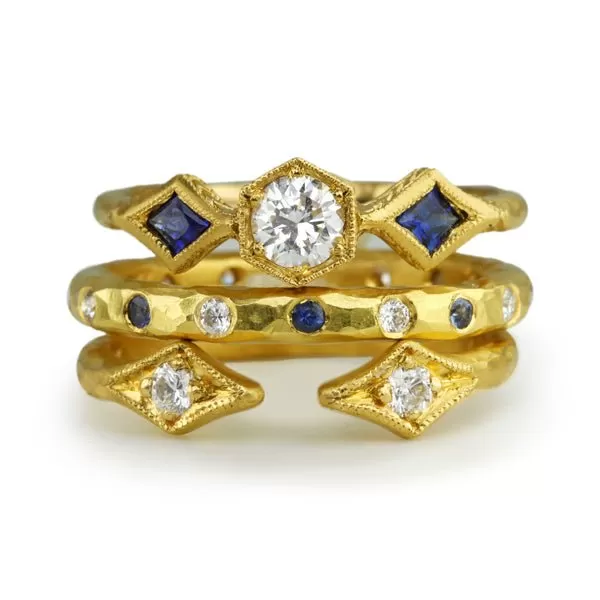 22K Gold Diamond Ring with Blue Sapphires