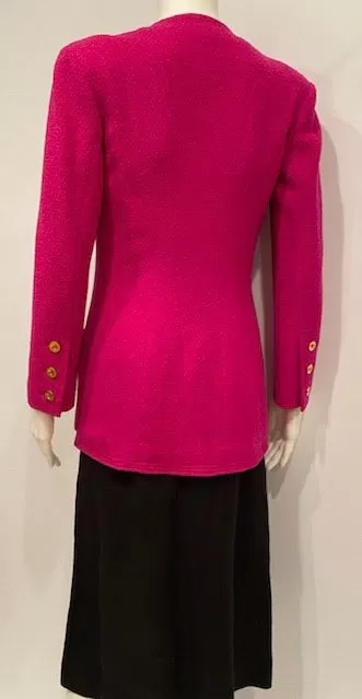 80’s/90’s Vintage Chanel Bright Pink Boucle Wool Long Jacket FR 36