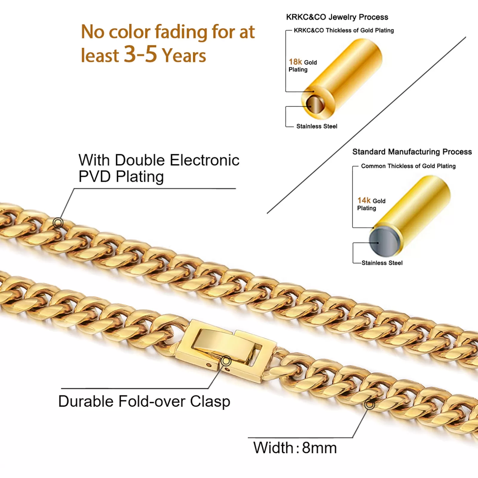 8mm Cuban Link Chain in 18K Gold for Men's Necklace KRKC