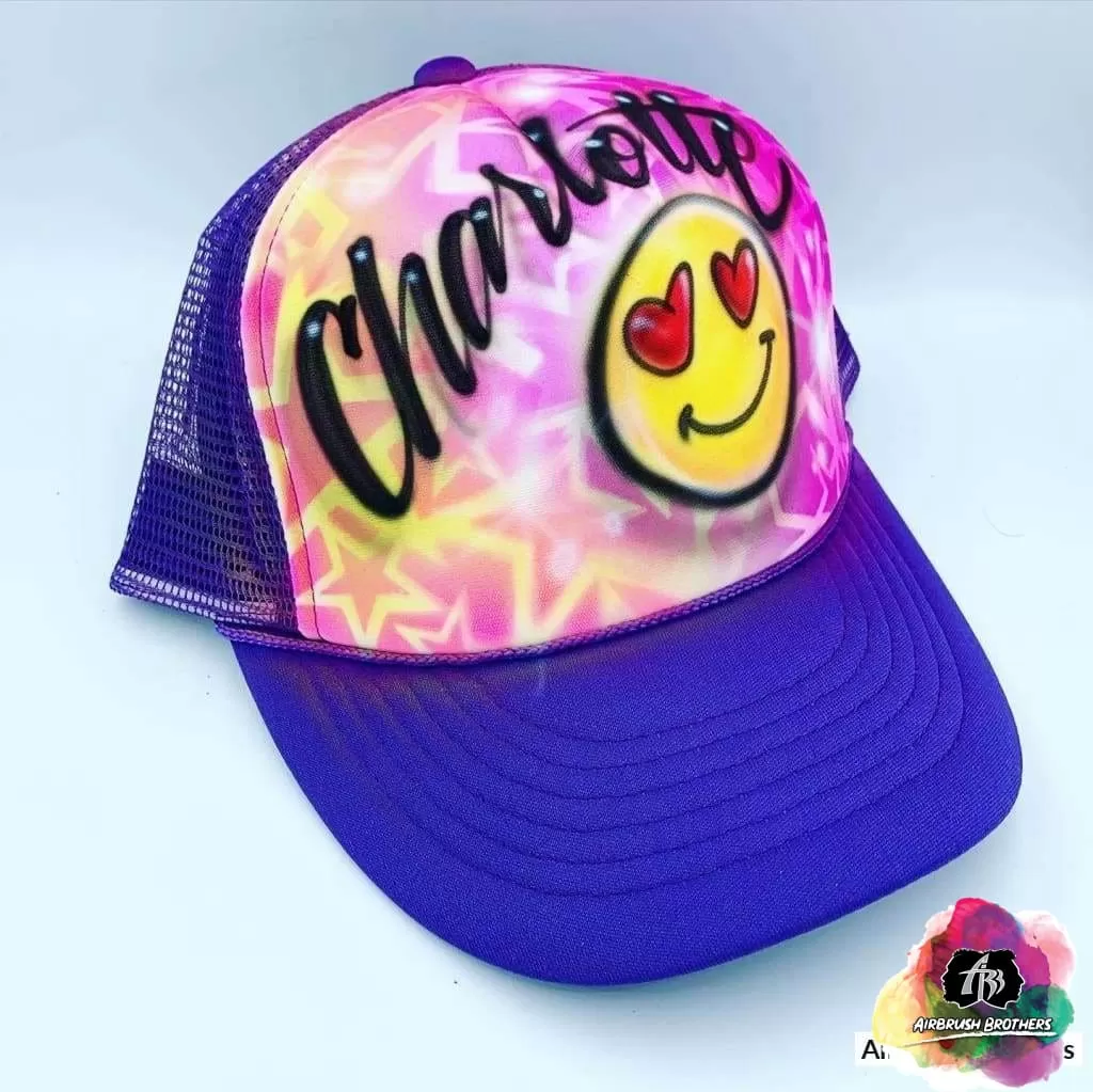 Airbrush Emoji With Heart Eyes And Name Hat Design