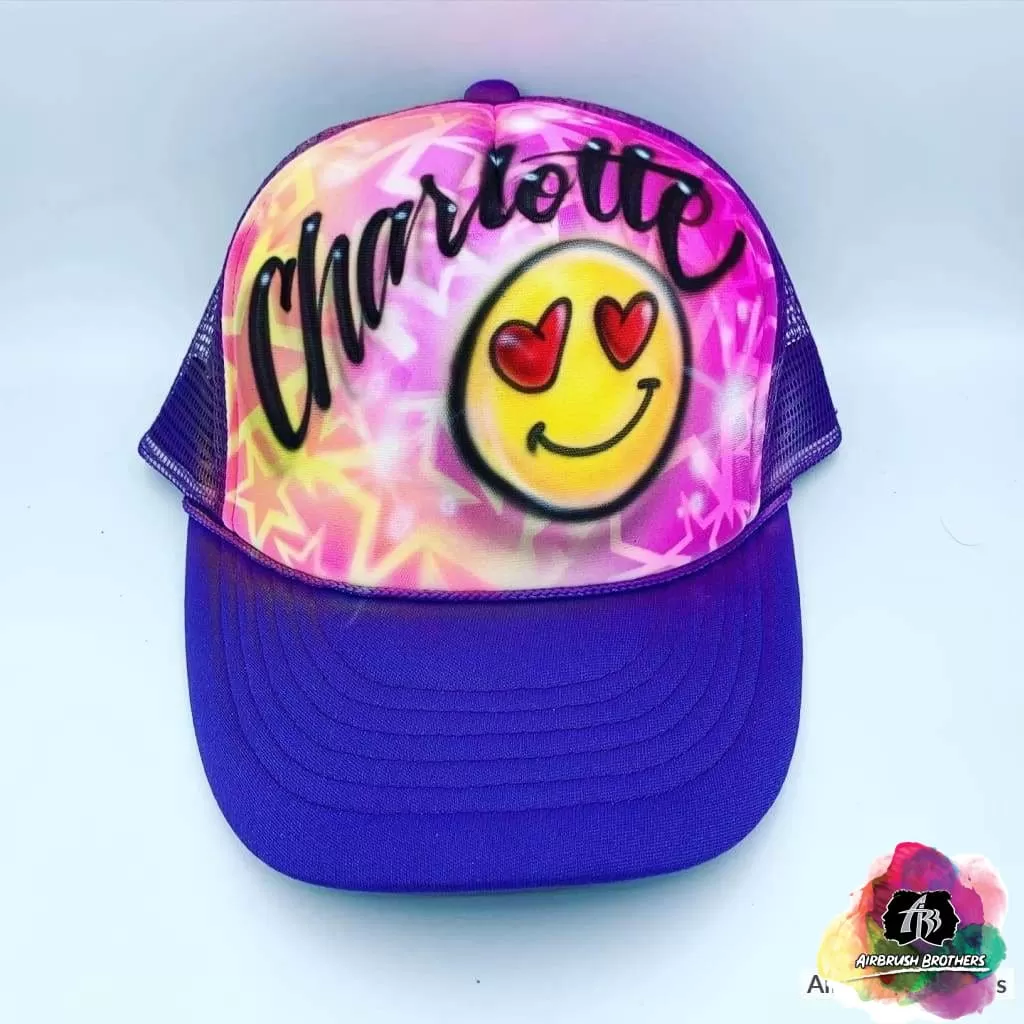 Airbrush Emoji With Heart Eyes And Name Hat Design