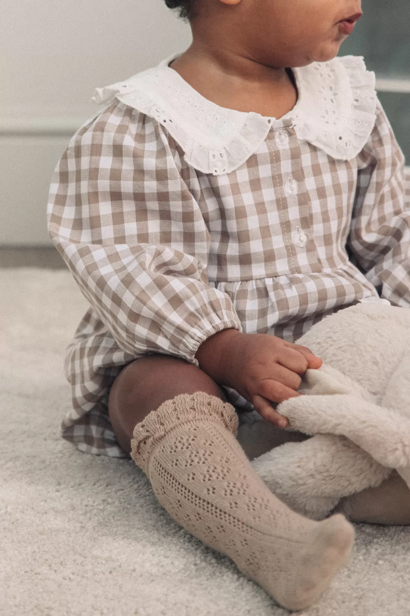 Beige Gingham & White Broderie Collar Romper