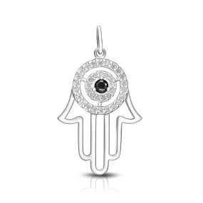 Black CZ Evil Eye Pendant in Sterling Silver Hamsa Hand