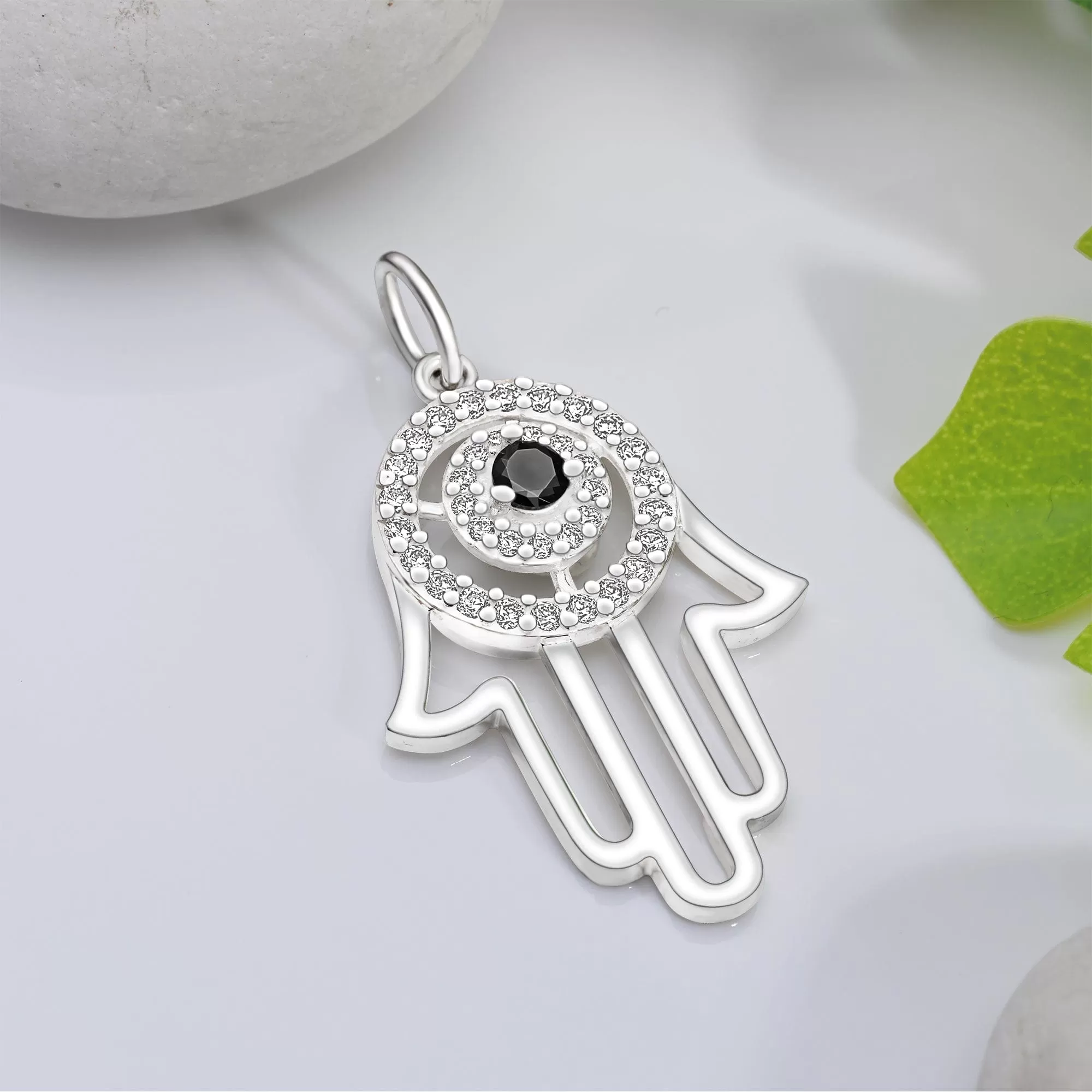 Black CZ Evil Eye Pendant in Sterling Silver Hamsa Hand