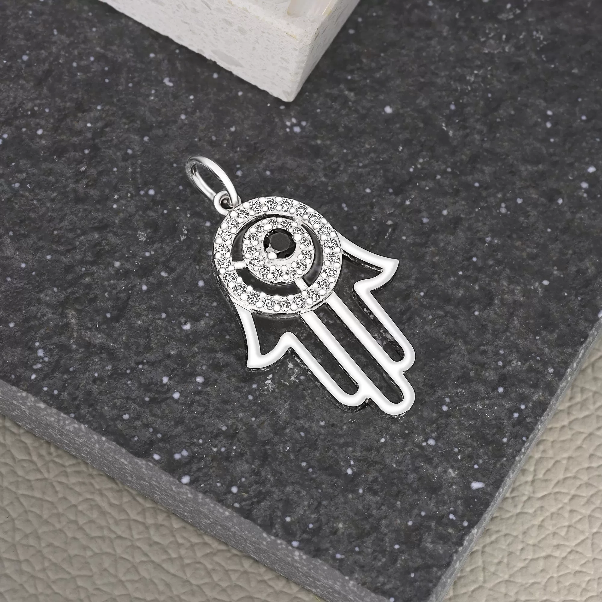 Black CZ Evil Eye Pendant in Sterling Silver Hamsa Hand