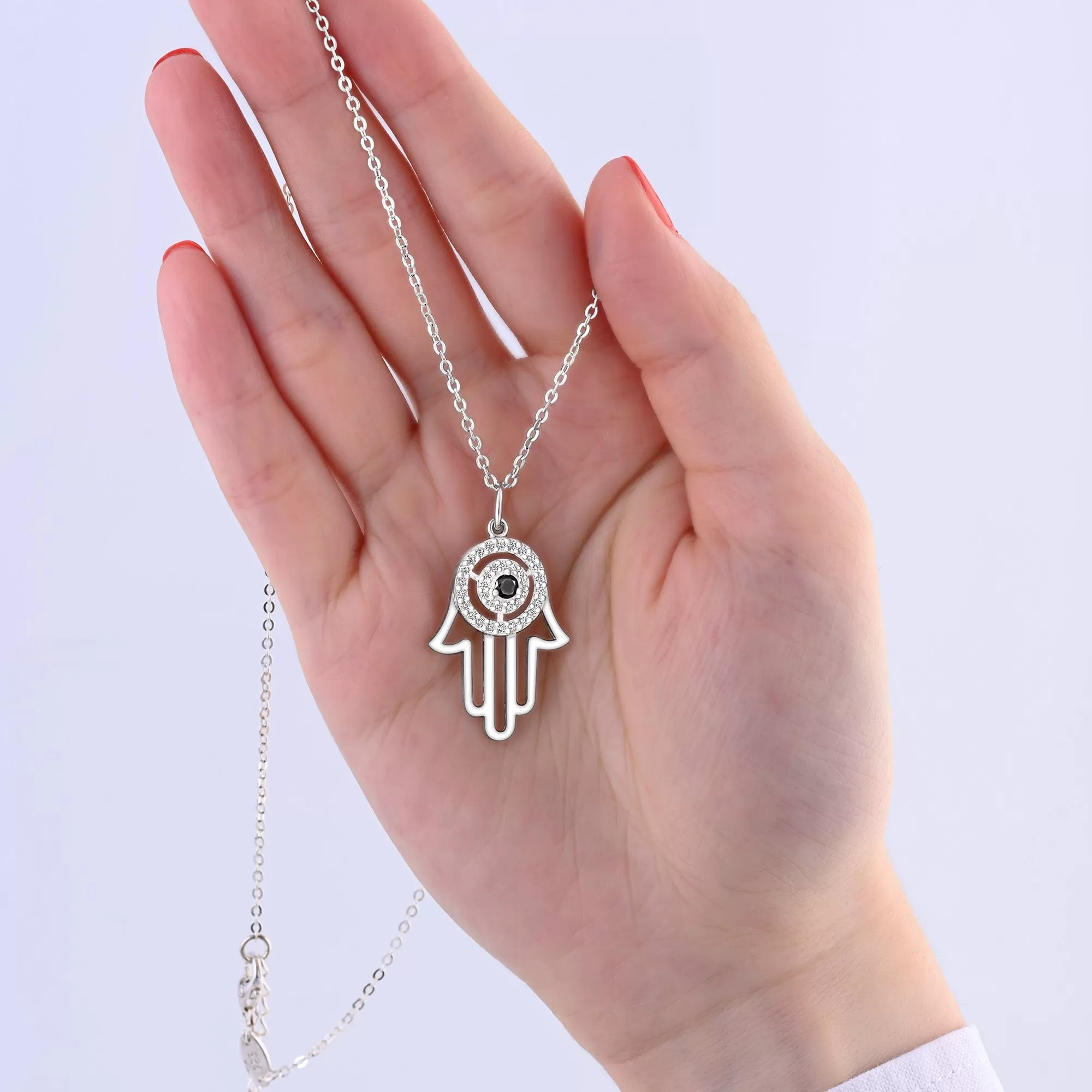 Black CZ Evil Eye Pendant in Sterling Silver Hamsa Hand