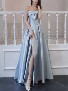 Blue  A line satin long prom dress, blue bridesmaid dress