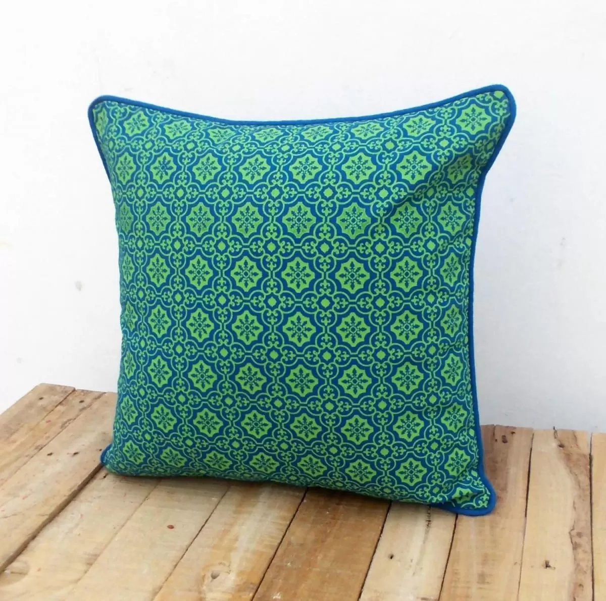 Blue and green, throw pillow cover, tile print, cotton pillow, sizes available.