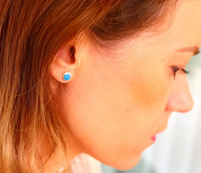 Blue Stud Earrings with Opal