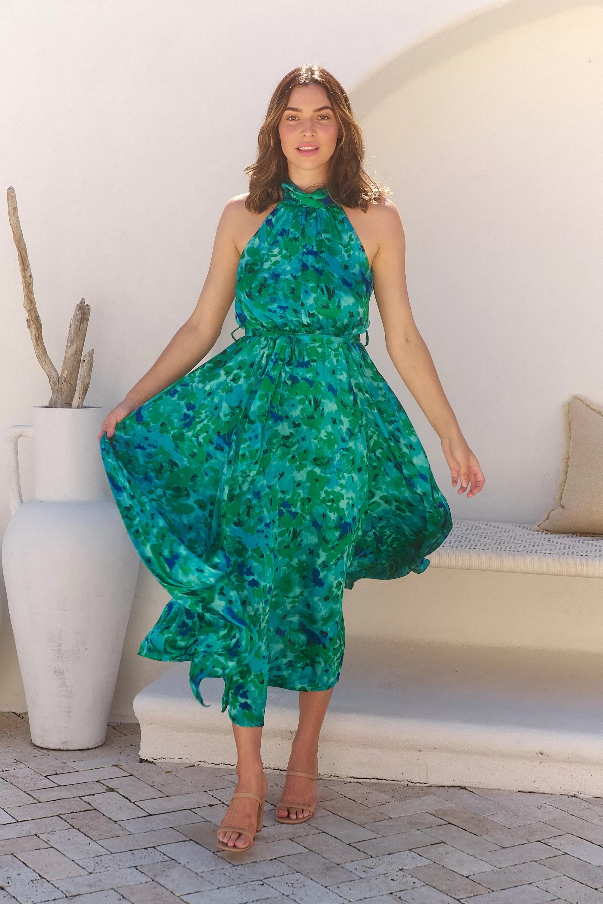 Candice Emerald/Blue Print Sleeveless High neck Evening Dress