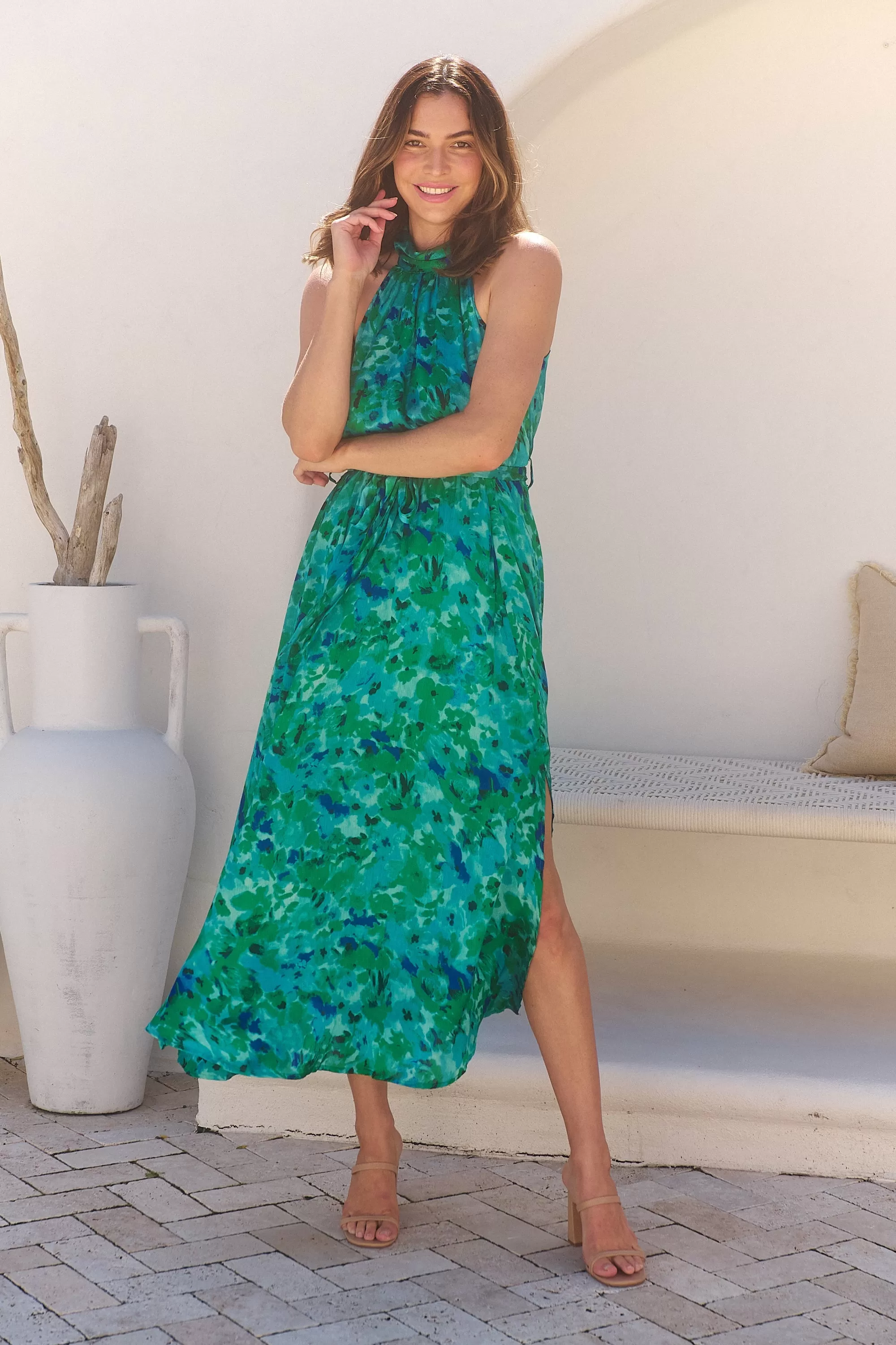 Candice Emerald/Blue Print Sleeveless High neck Evening Dress