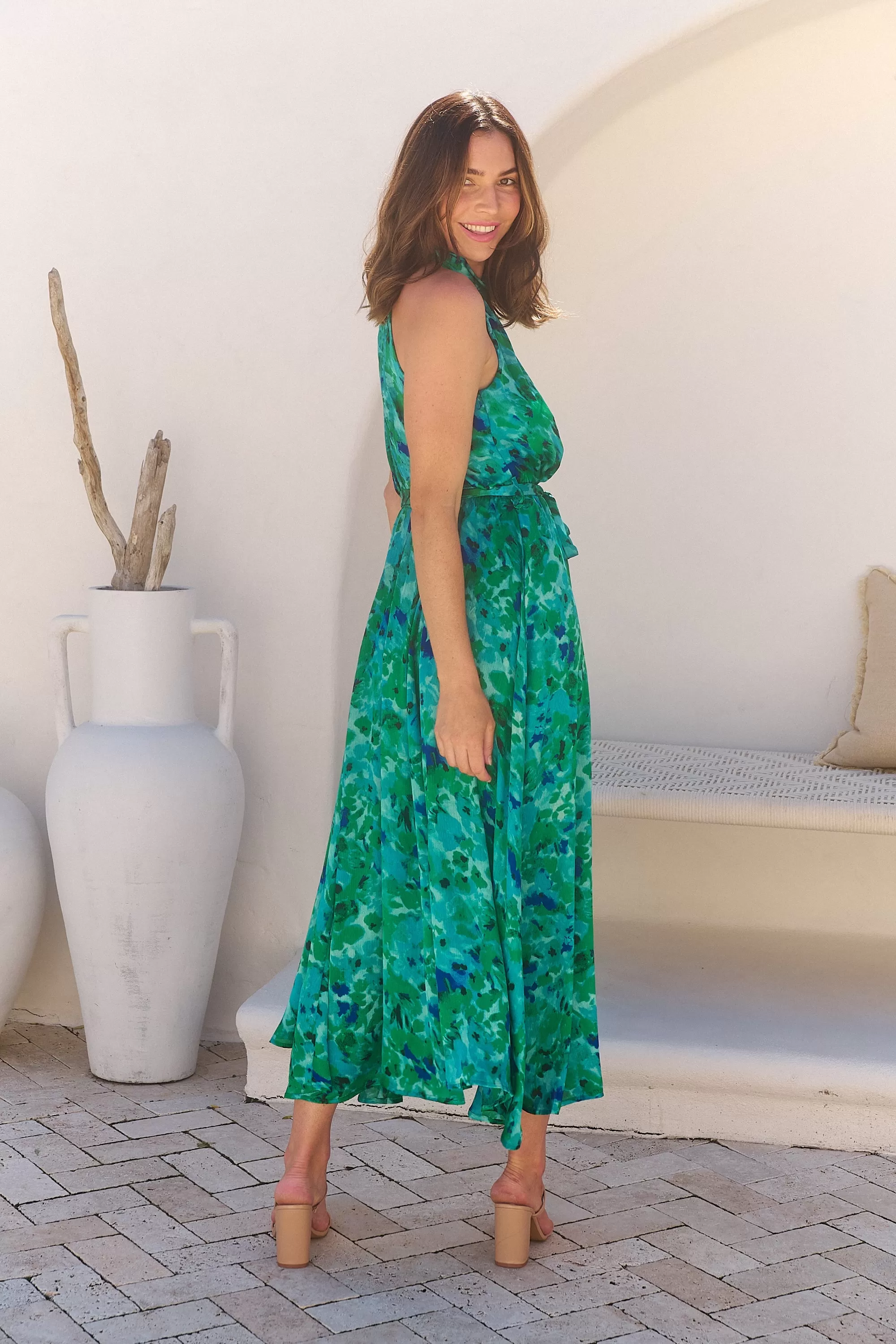 Candice Emerald/Blue Print Sleeveless High neck Evening Dress