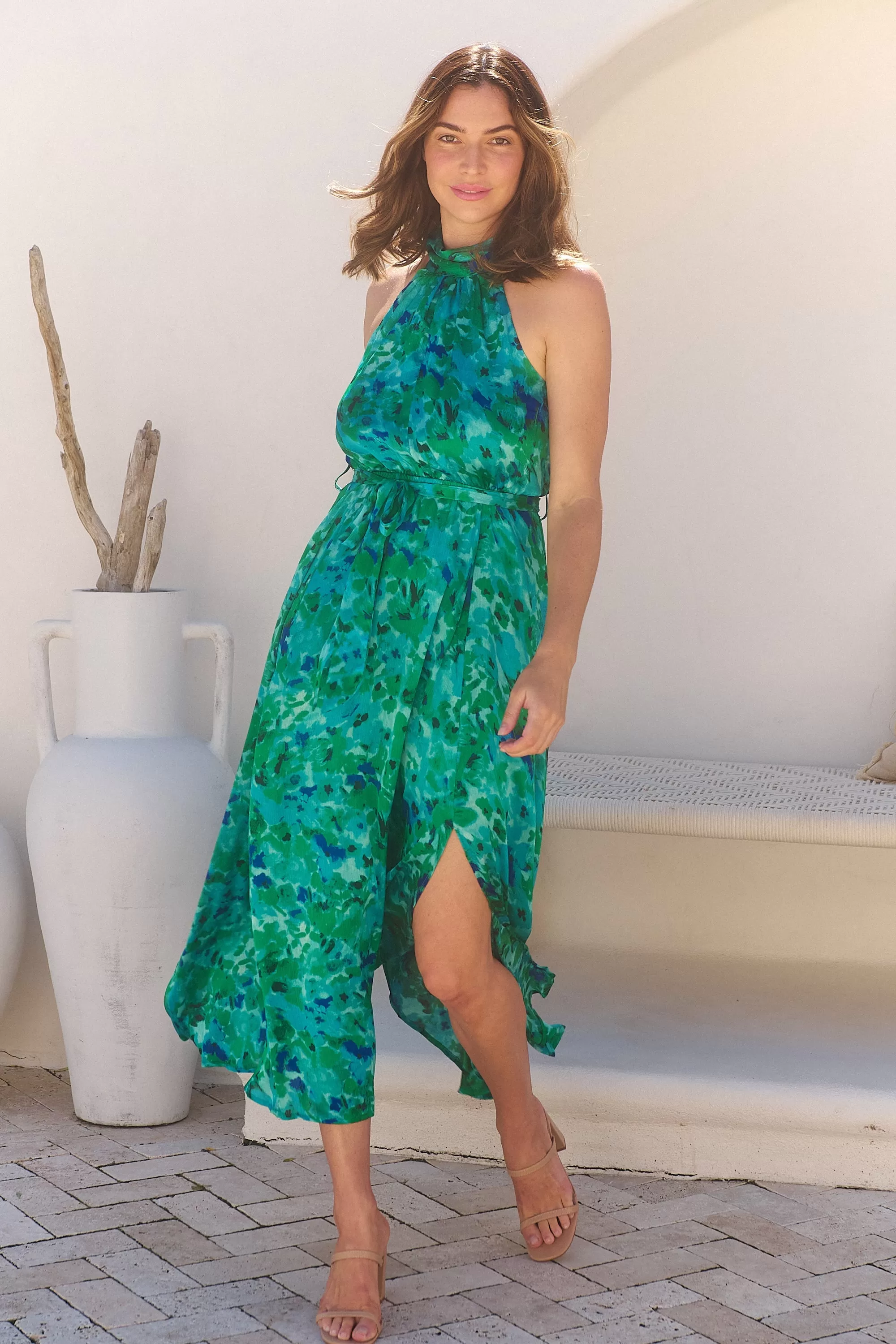 Candice Emerald/Blue Print Sleeveless High neck Evening Dress