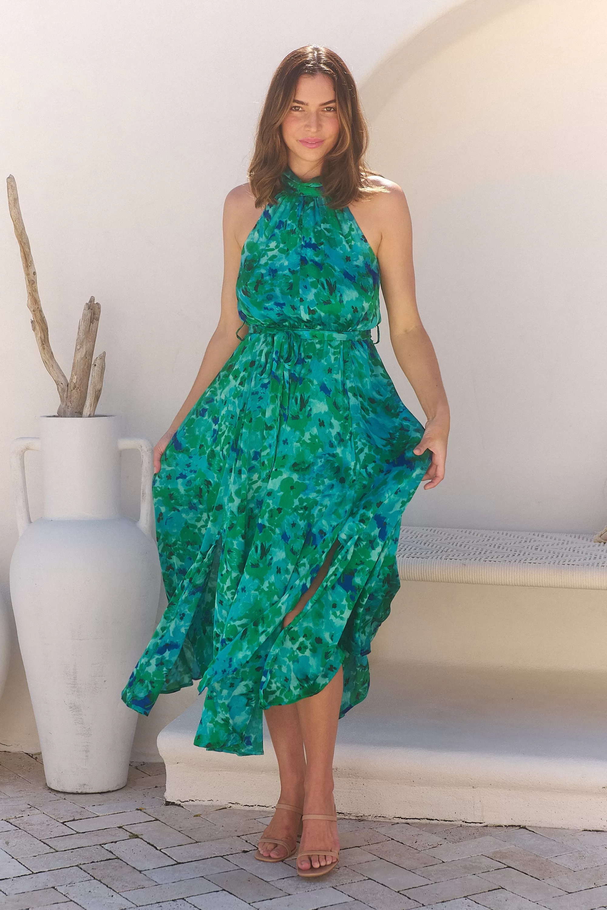 Candice Emerald/Blue Print Sleeveless High neck Evening Dress