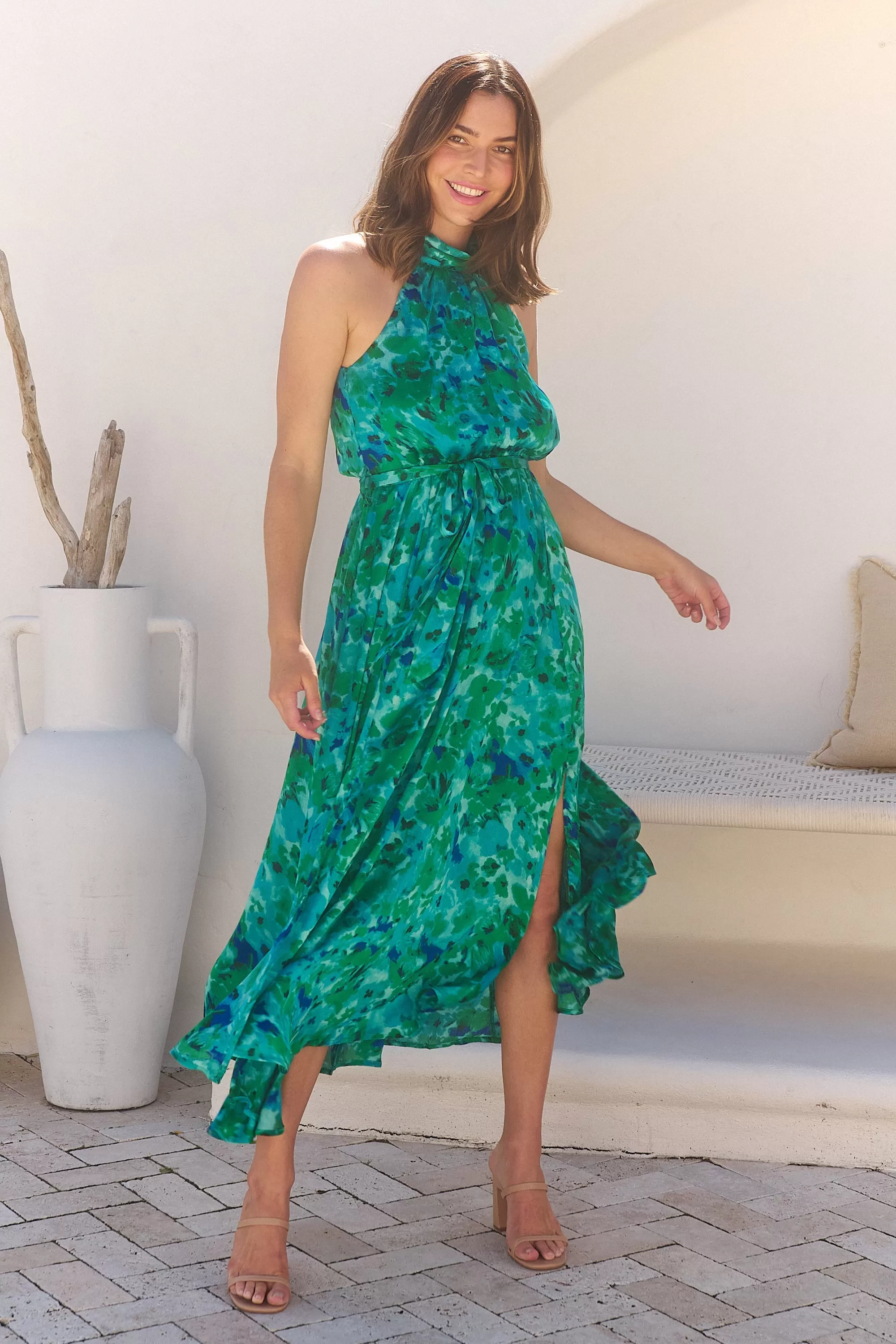 Candice Emerald/Blue Print Sleeveless High neck Evening Dress