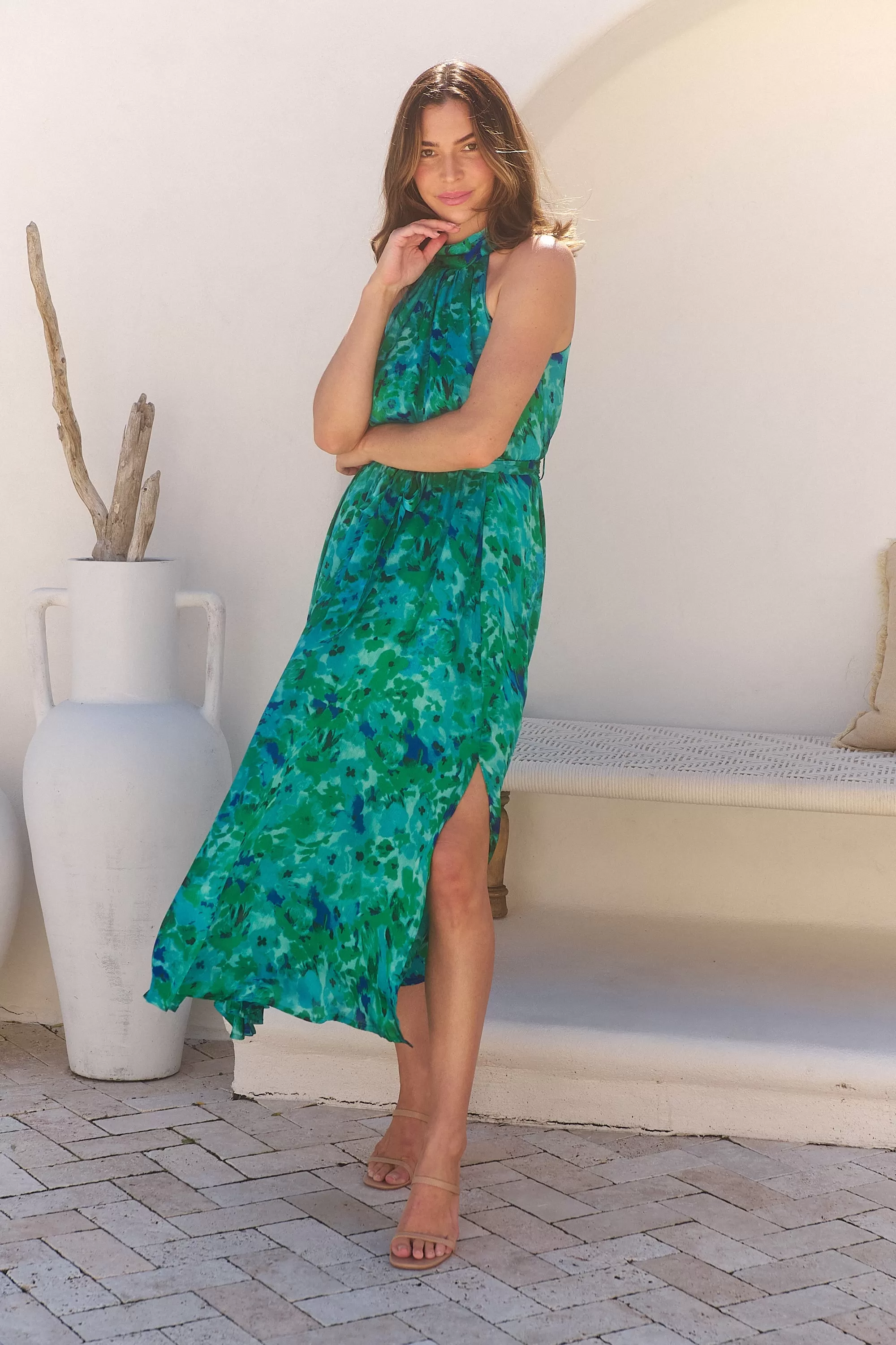 Candice Emerald/Blue Print Sleeveless High neck Evening Dress