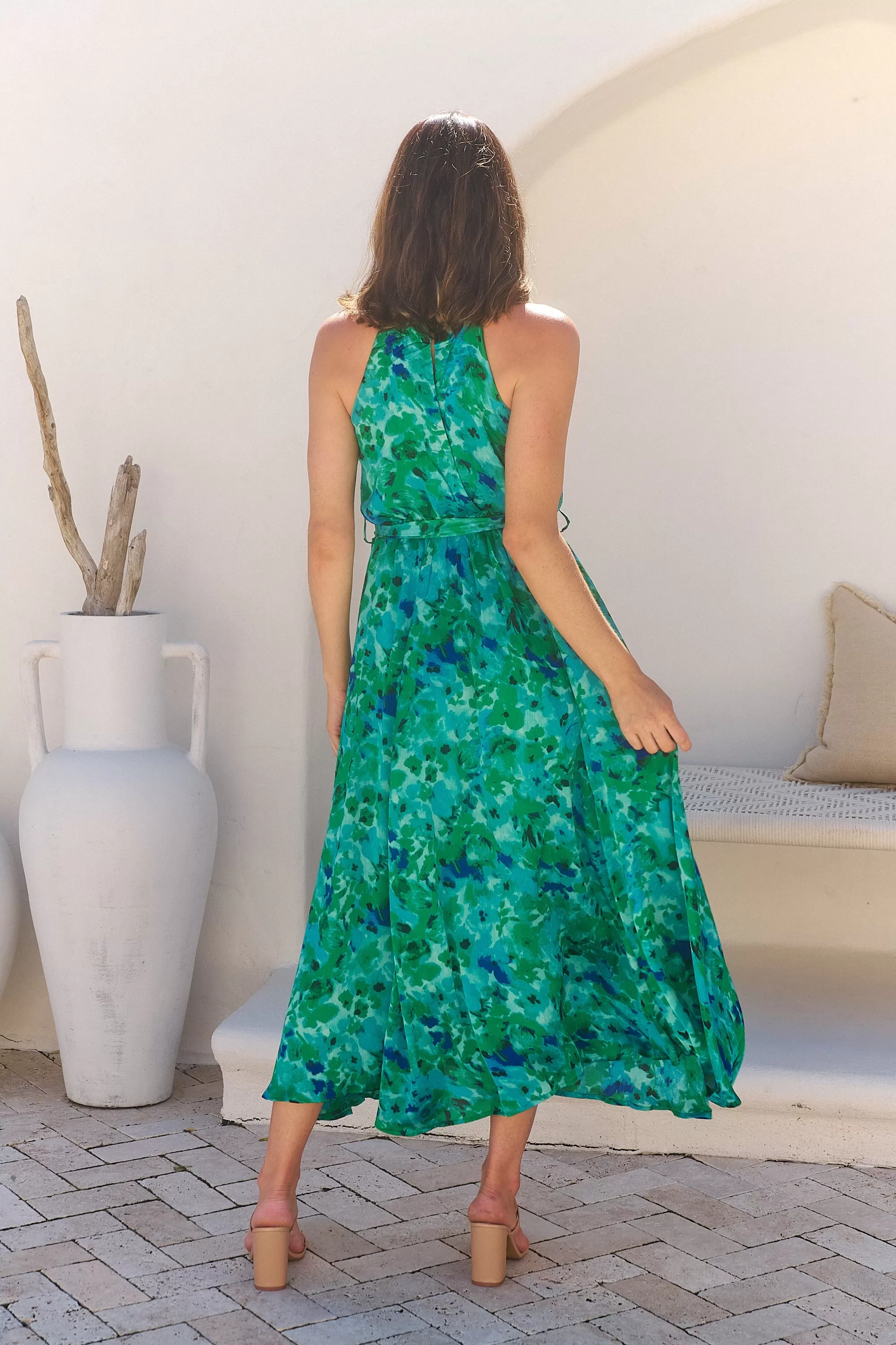 Candice Emerald/Blue Print Sleeveless High neck Evening Dress