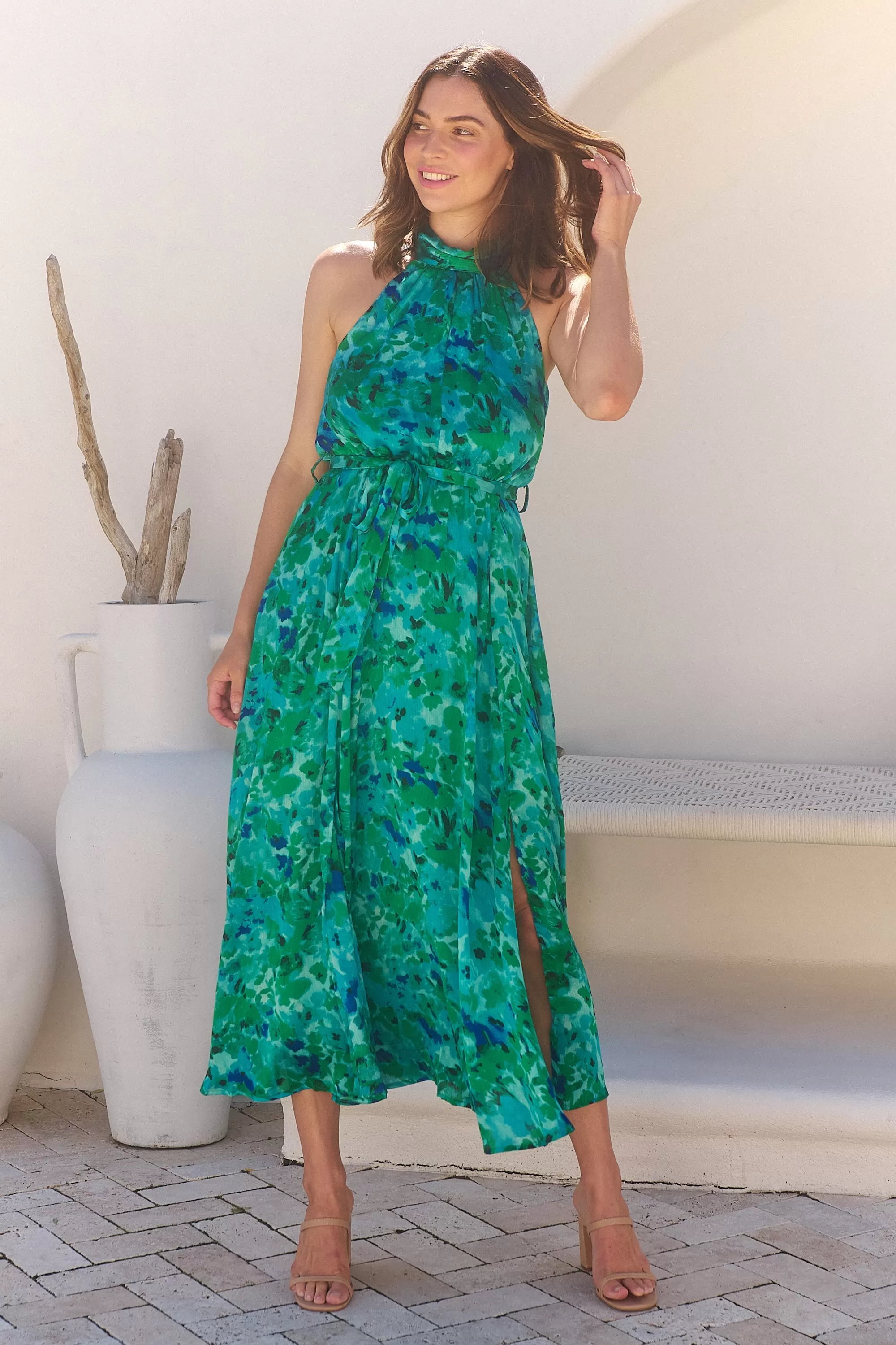 Candice Emerald/Blue Print Sleeveless High neck Evening Dress