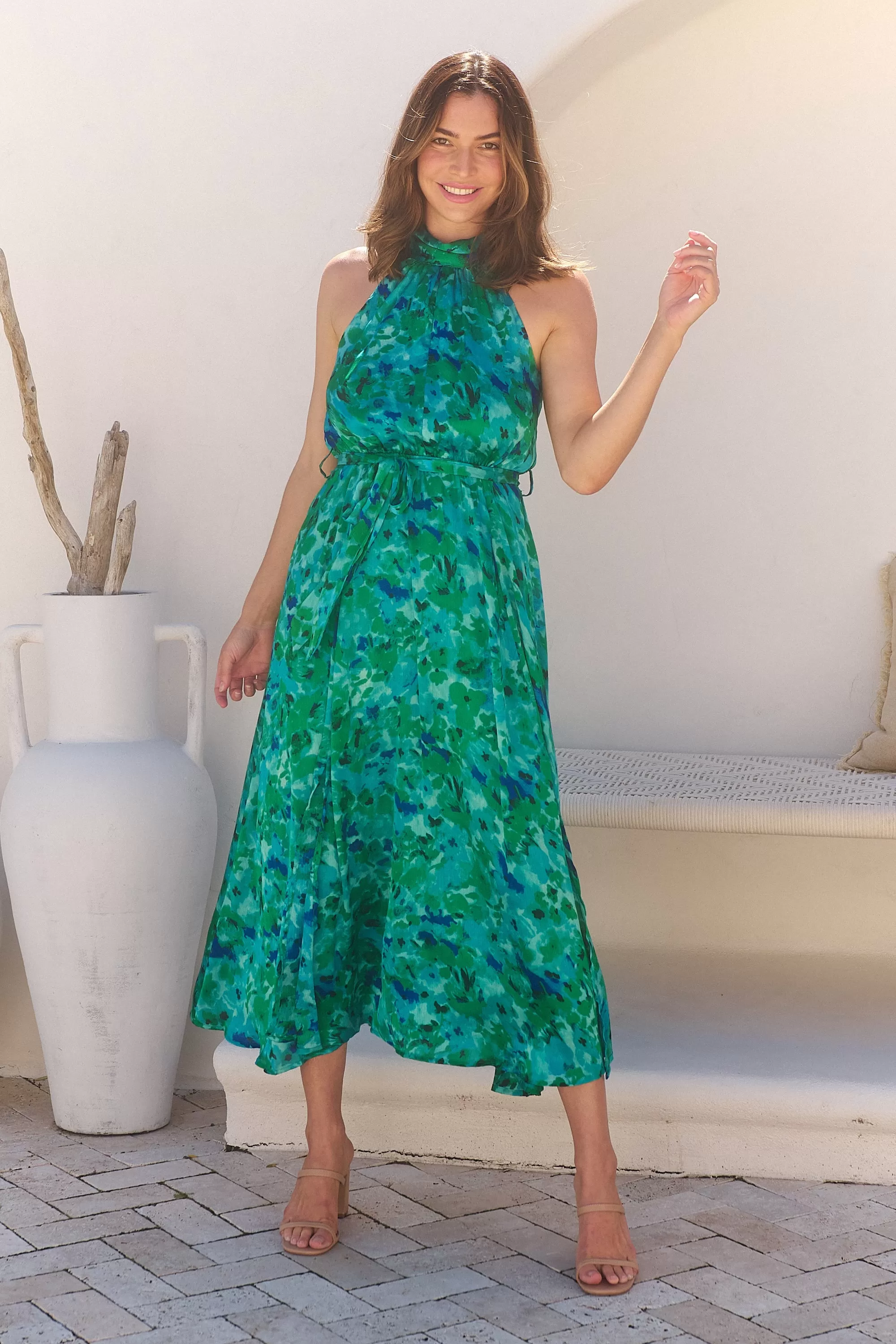 Candice Emerald/Blue Print Sleeveless High neck Evening Dress