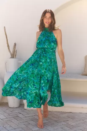 Candice Emerald/Blue Print Sleeveless High neck Evening Dress