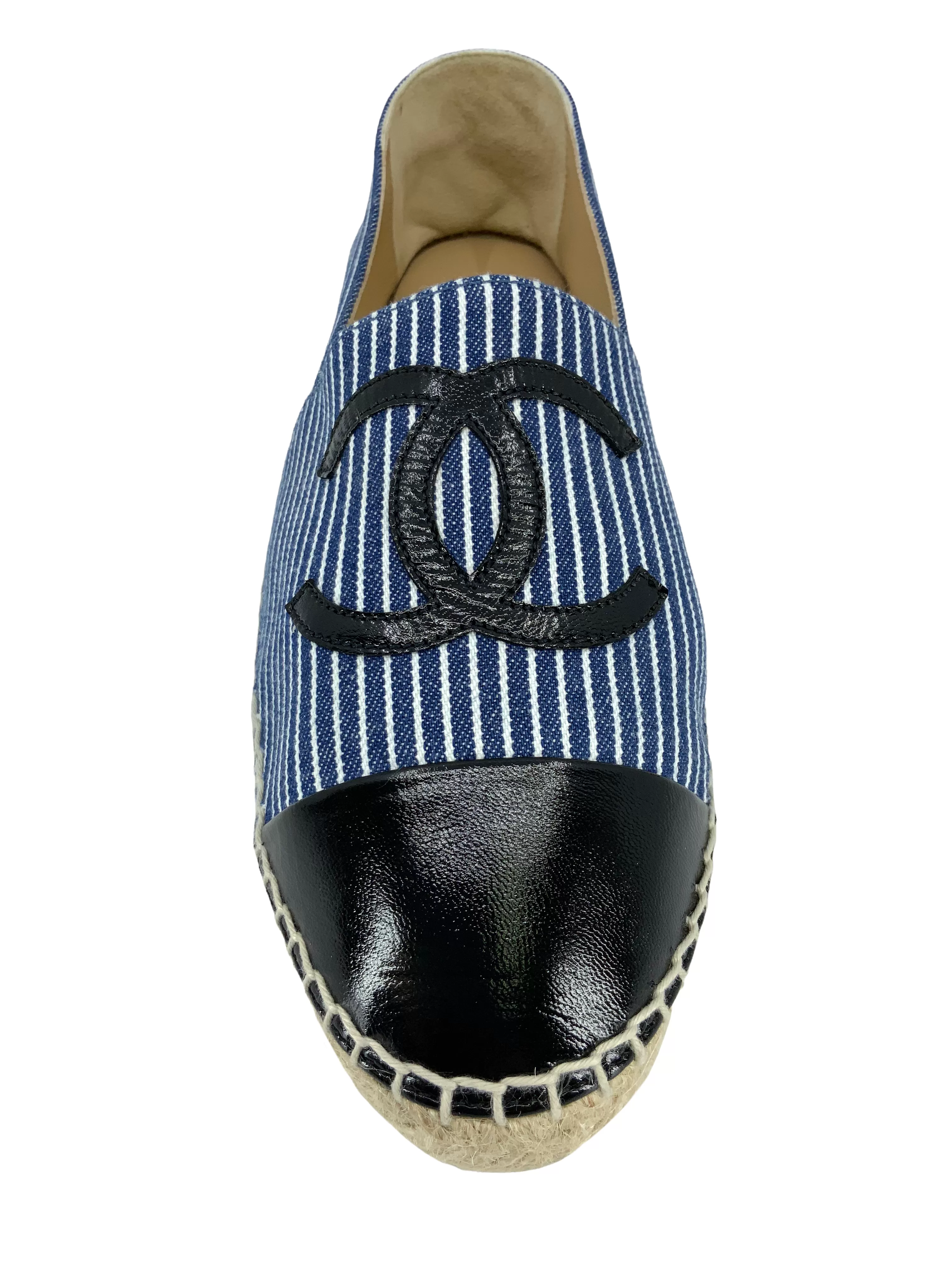 CHANEL Canvas Striped Patent Leather CC Espadrilles Size 9