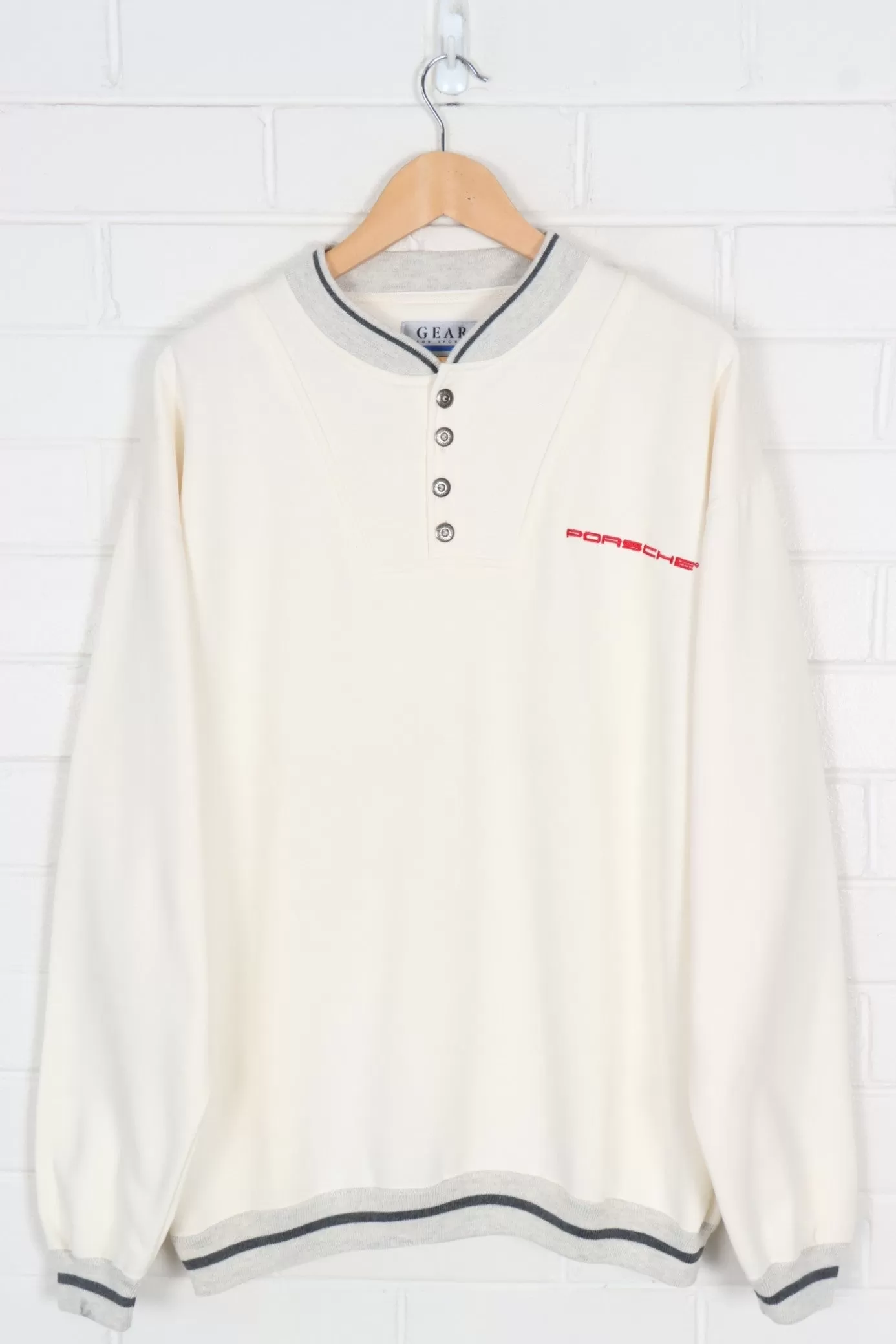 Cream Porsche Car 1/4 Button Up Ringer Sweatshirt (XL)