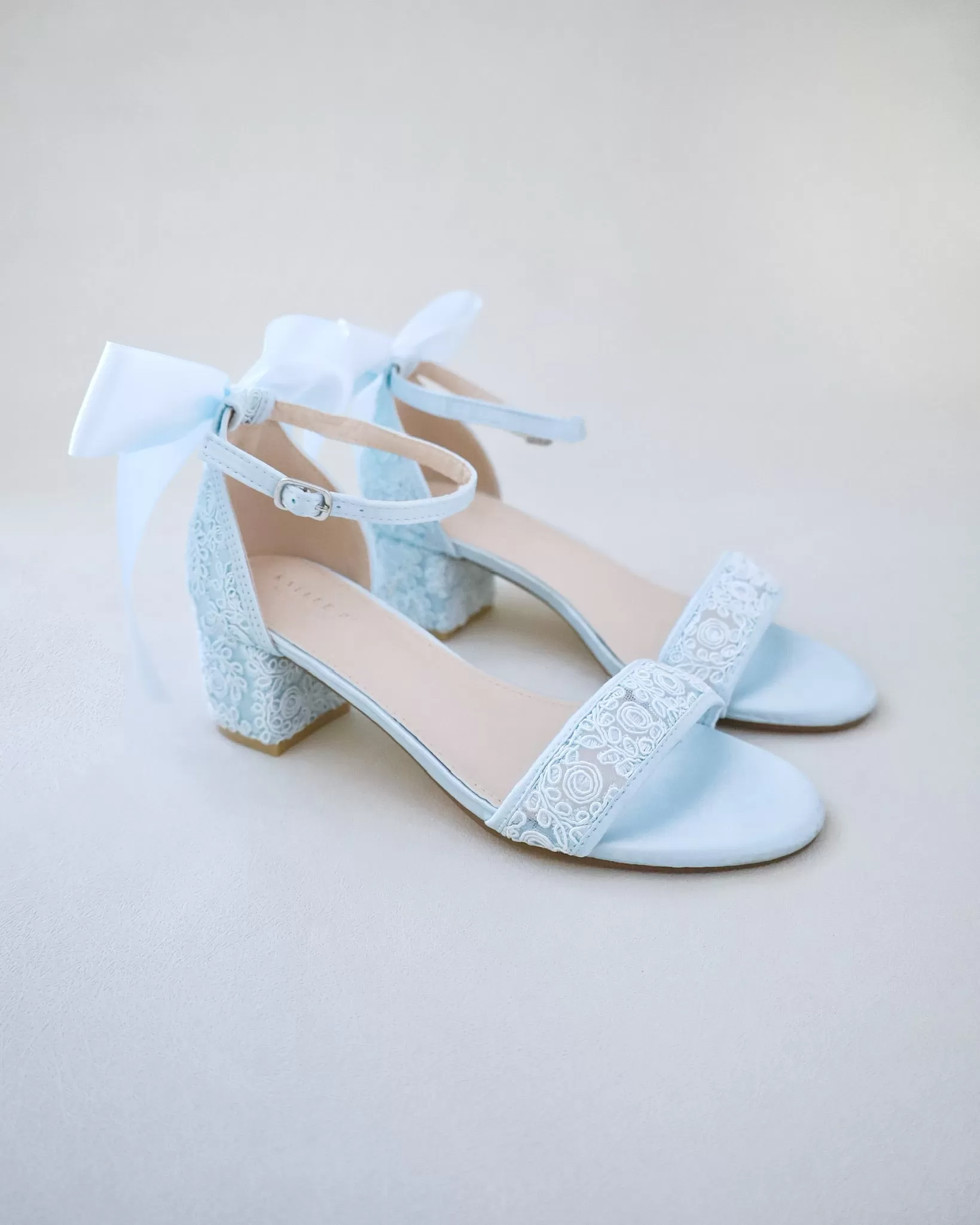 Crochet Lace Block Heel Wedding Sandals with Back Bow