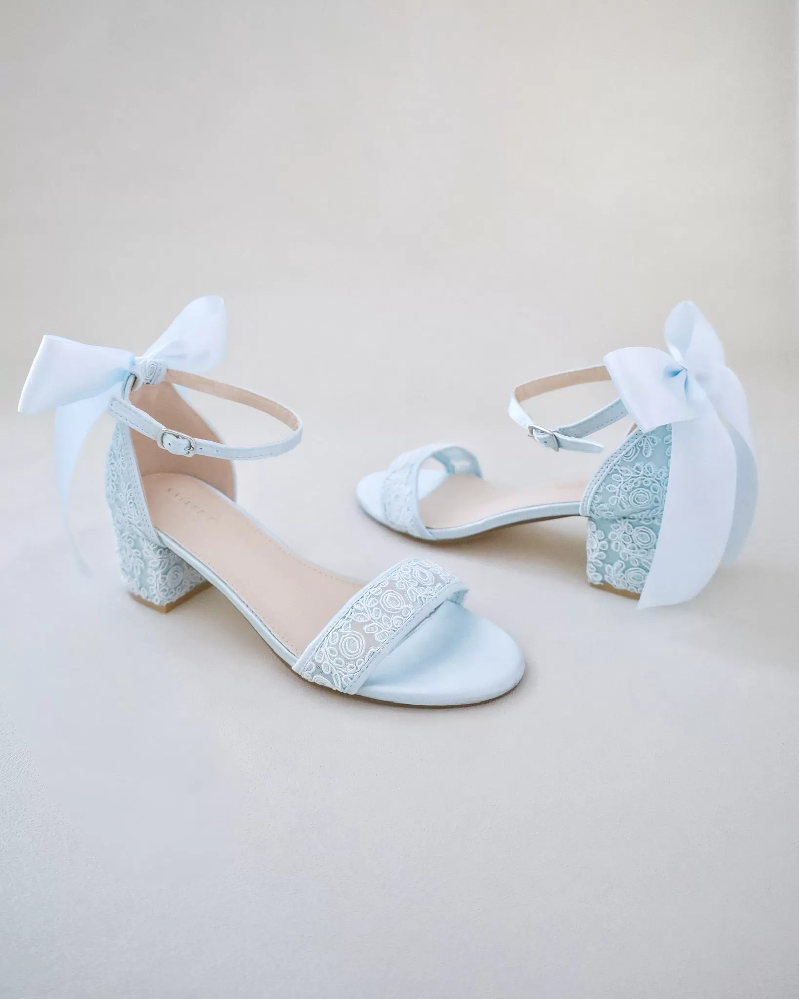 Crochet Lace Block Heel Wedding Sandals with Back Bow