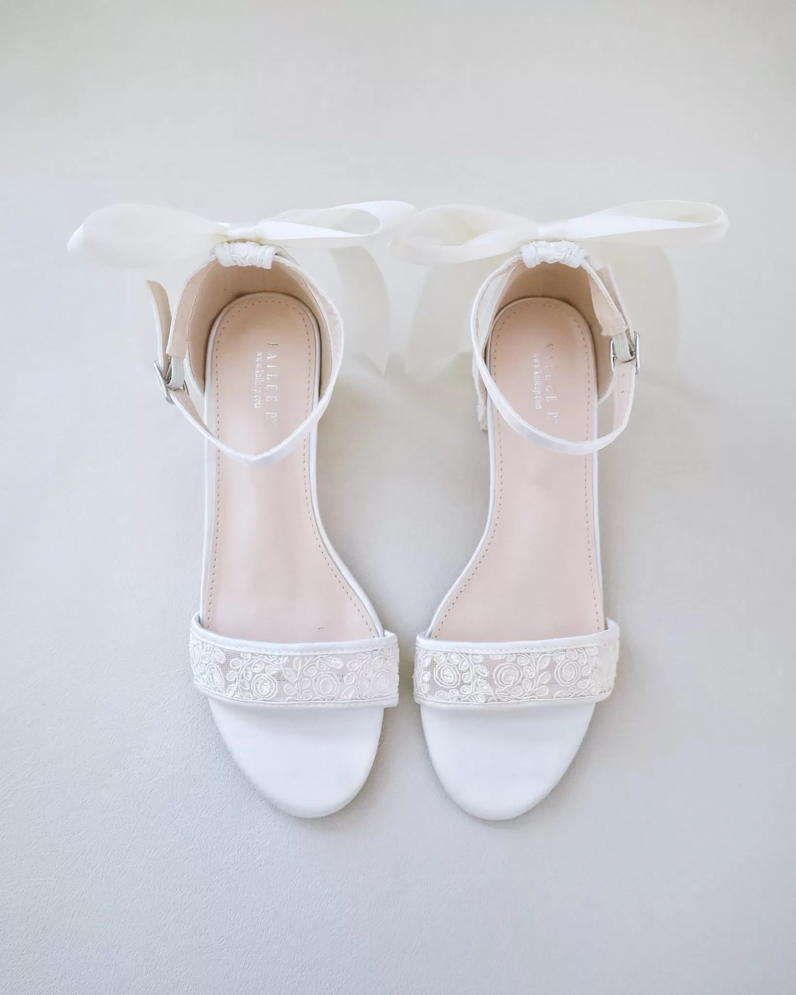 Crochet Lace Block Heel Wedding Sandals with Back Bow