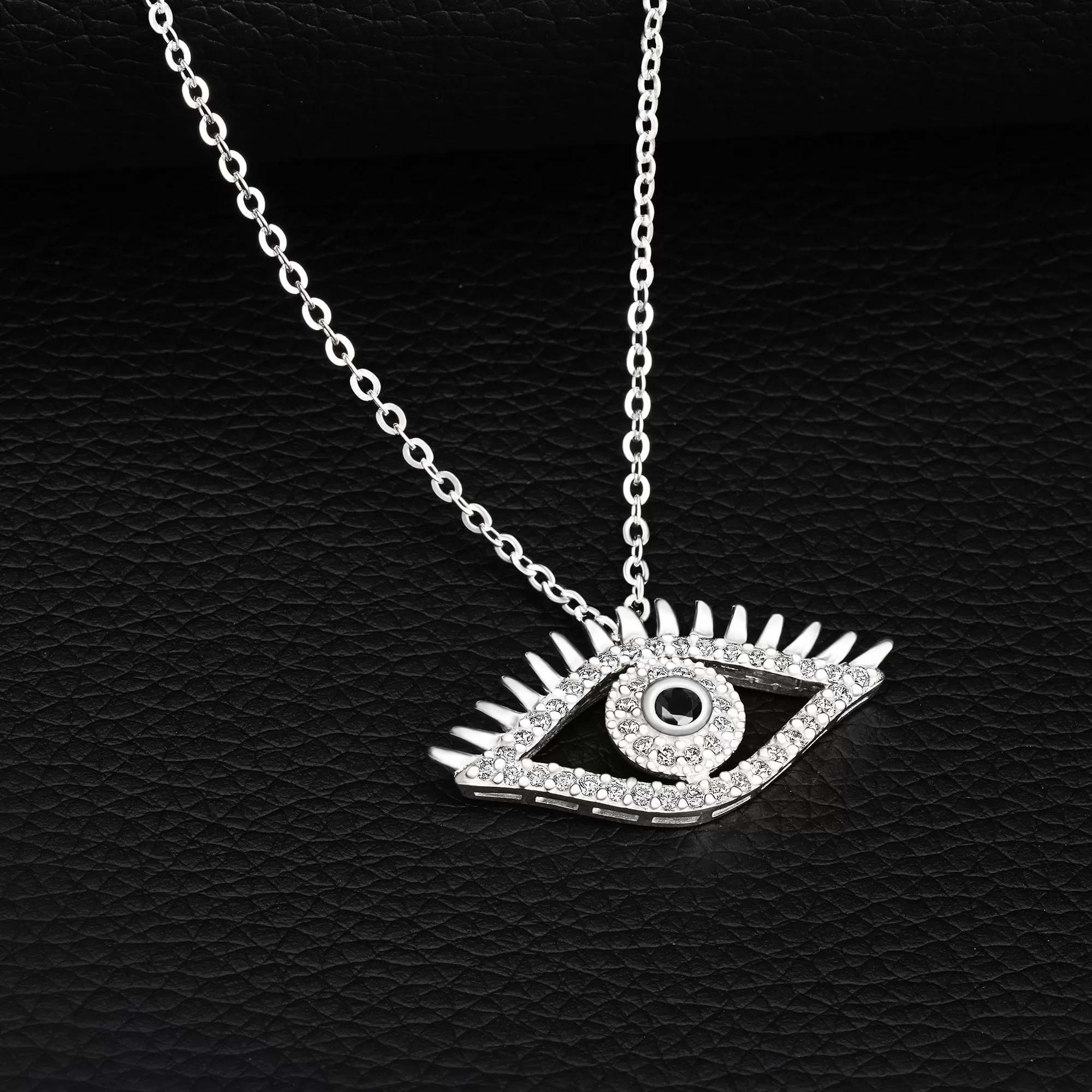 CZ Regal Evil Eye Necklace with Lashes Sterling Silver