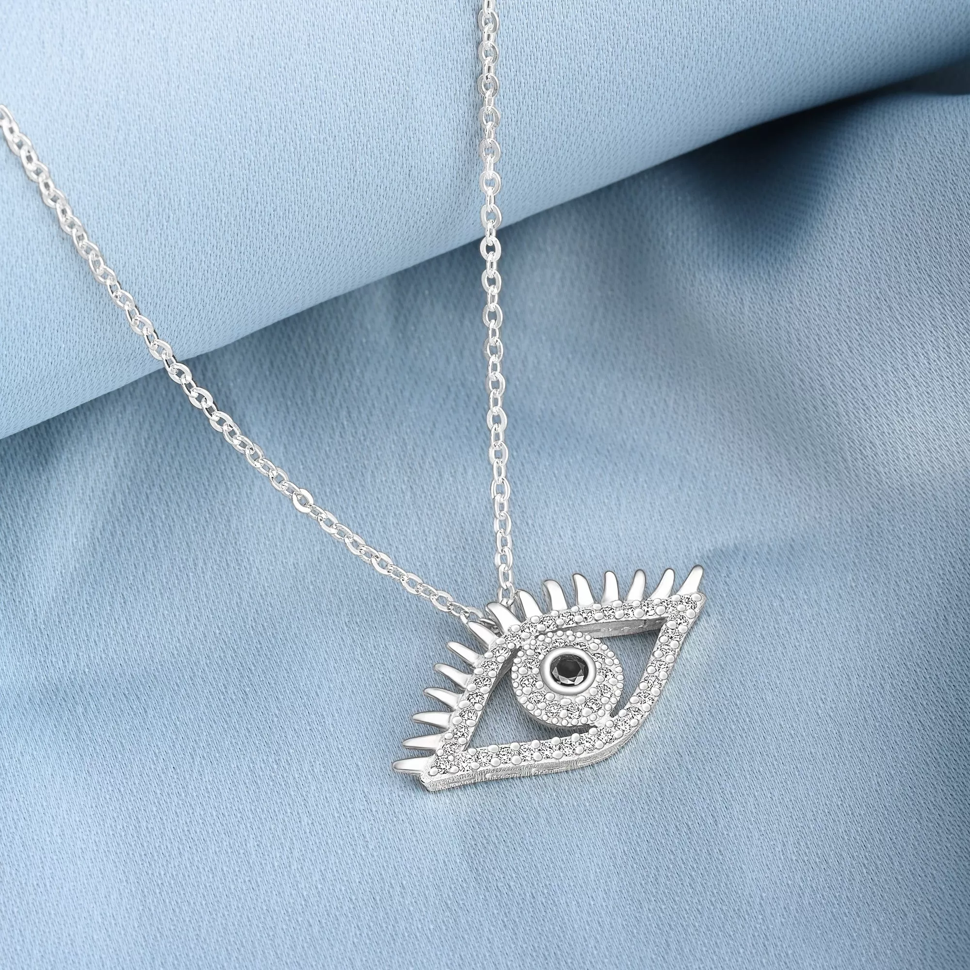 CZ Regal Evil Eye Necklace with Lashes Sterling Silver