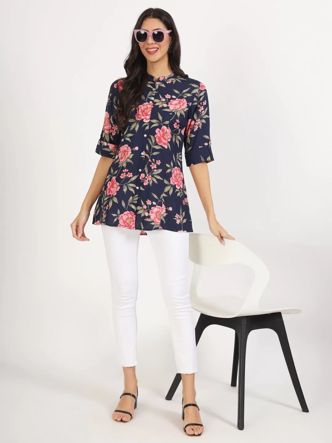 Divena Navy Blue Floral Printed Rayon Top