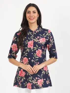 Divena Navy Blue Floral Printed Rayon Top