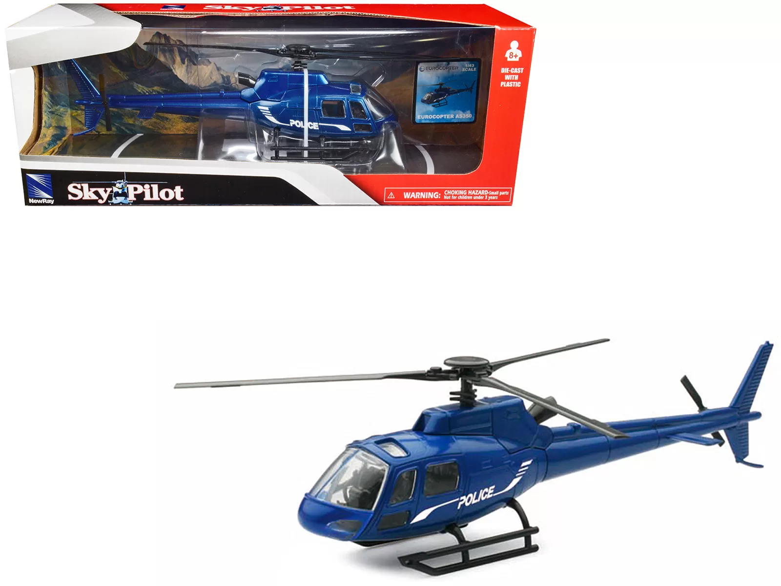 Eurocopter AS350 Helicopter Blue Metallic Police Sky Pilot Series 1/43 Diecast Model by New Ray