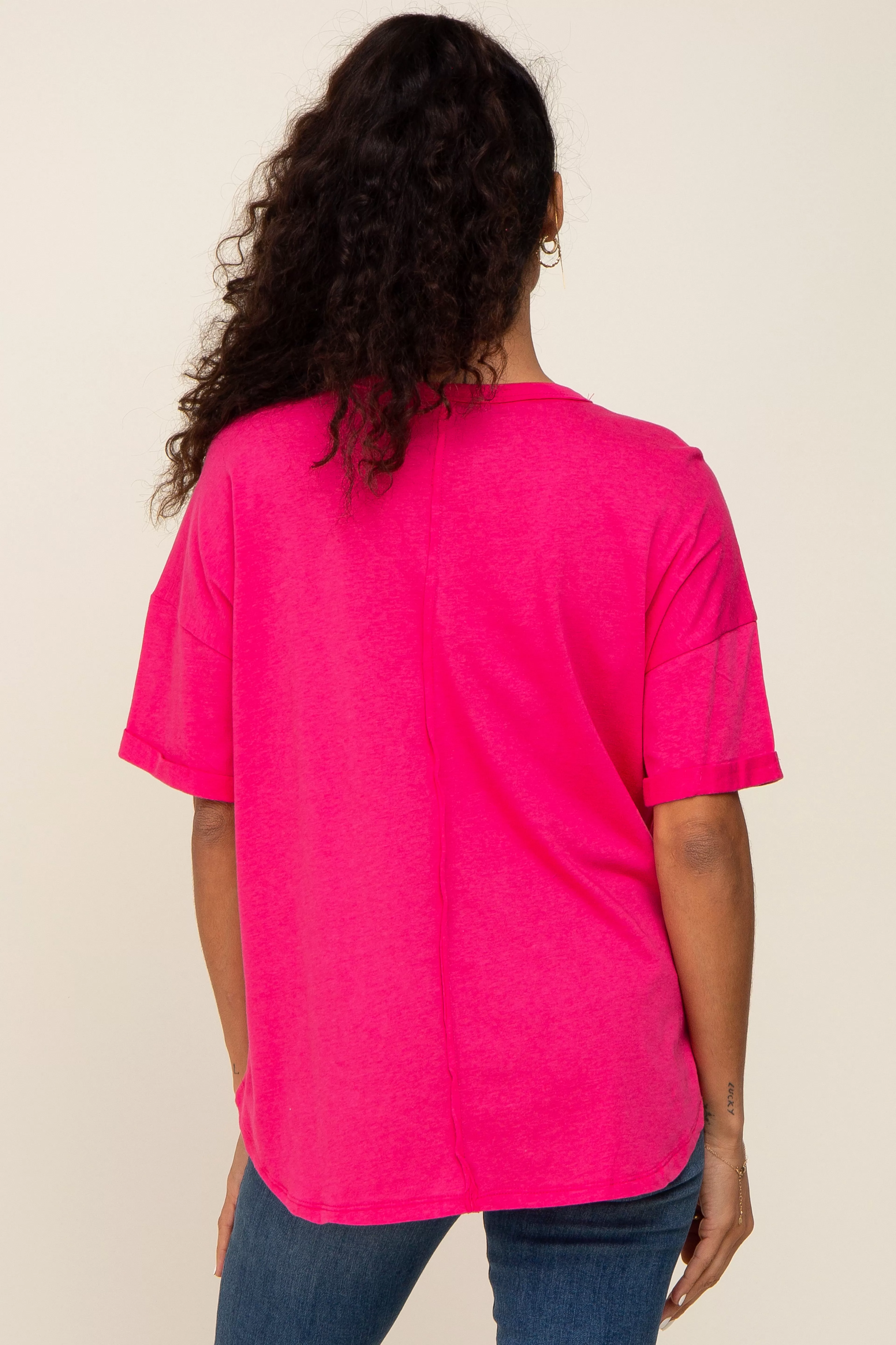 Fuchsia Oversized V-Neck Cuffed Short Sleeve Tee