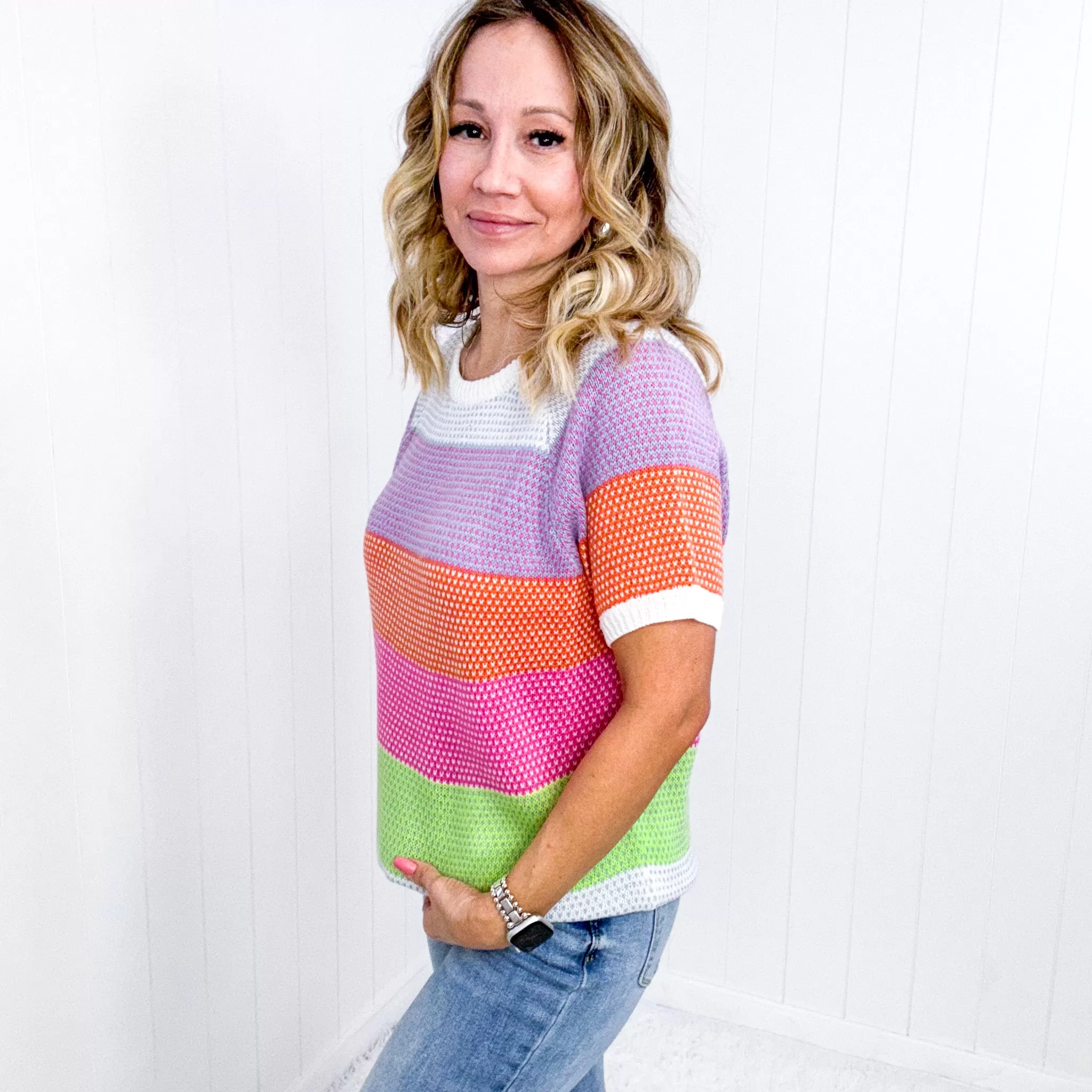 Get Started Lavender and Orange Stripe Short Sleeve Sweater Top