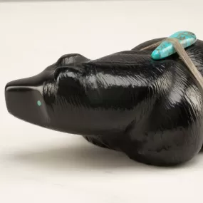 Herbert Halate Jet and Turquoise Handmade Zuni Fetish Bear Carving