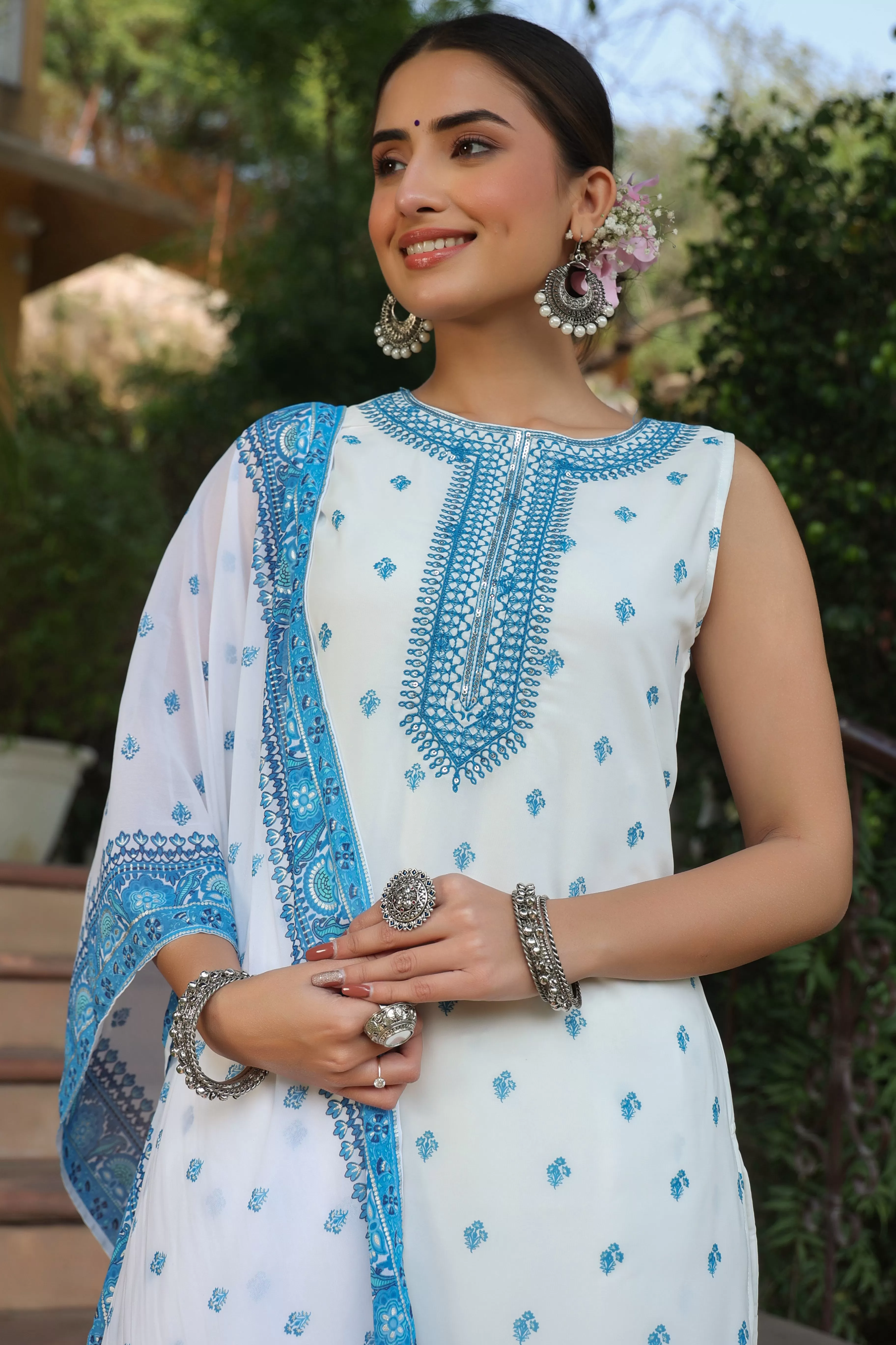 Juniper Blue Ethnic Motif Printed Georgette Kurta Sharara & Dupatta Set With Thread Work Embroidery