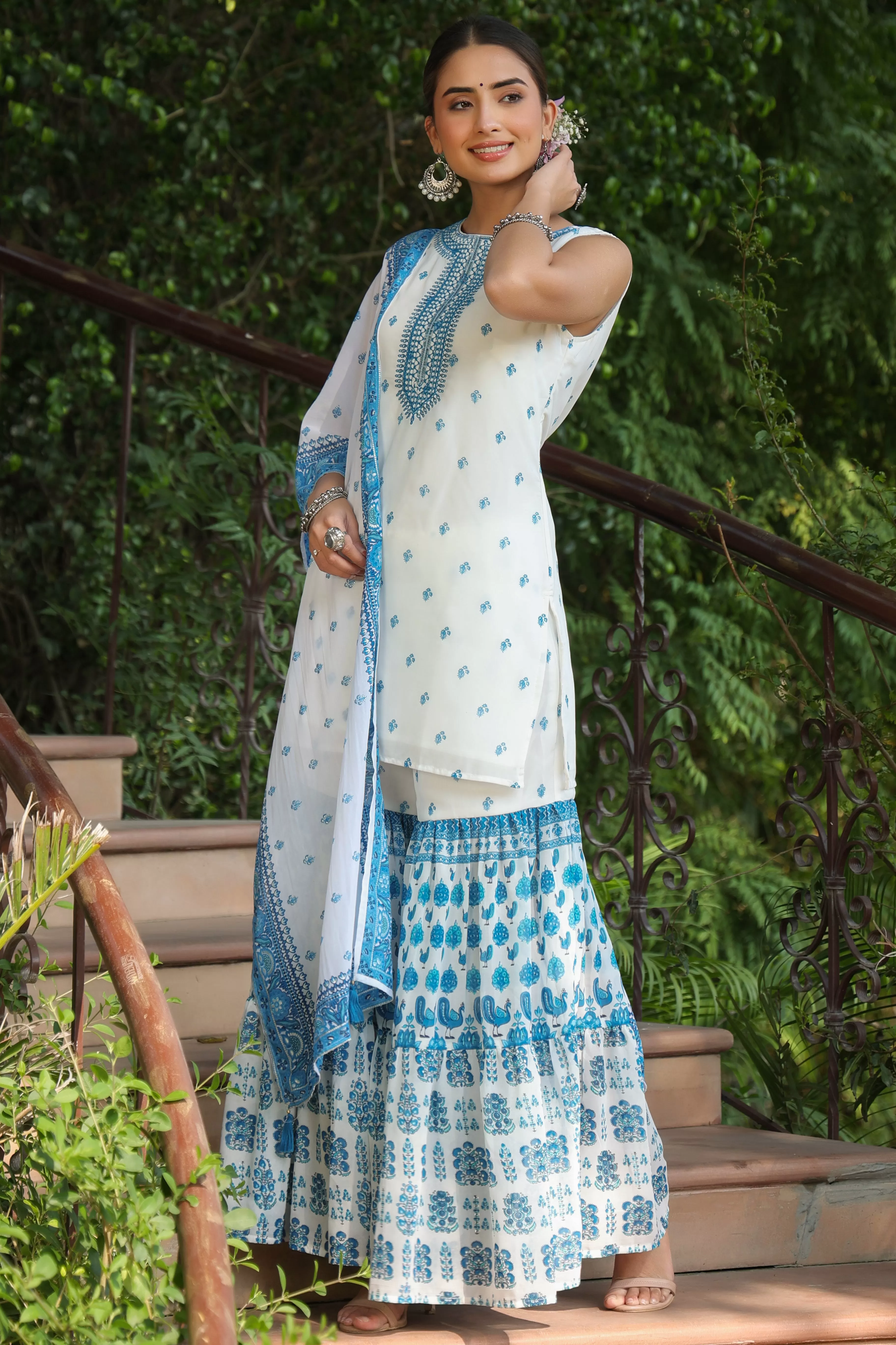 Juniper Blue Ethnic Motif Printed Georgette Kurta Sharara & Dupatta Set With Thread Work Embroidery