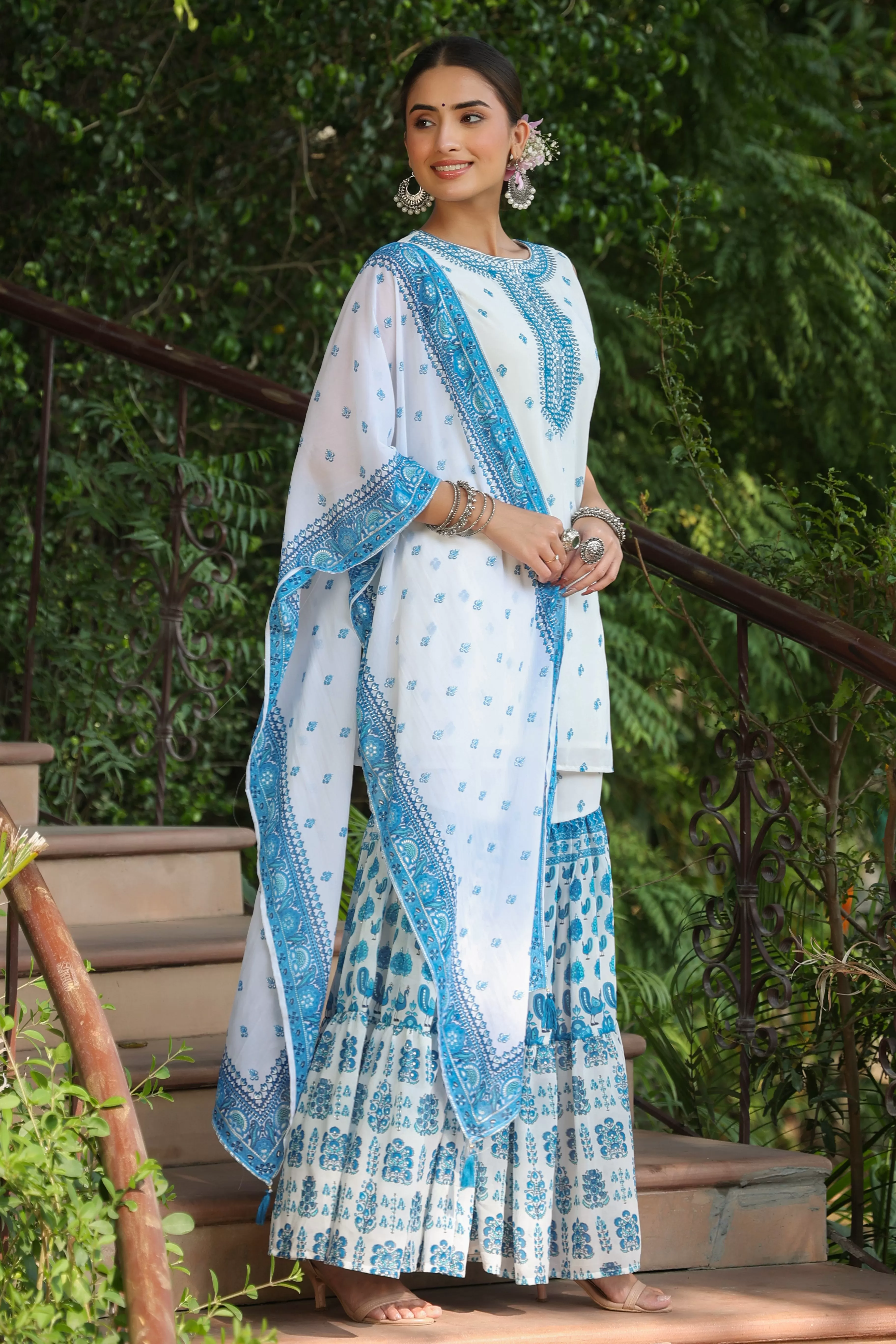 Juniper Blue Ethnic Motif Printed Georgette Kurta Sharara & Dupatta Set With Thread Work Embroidery