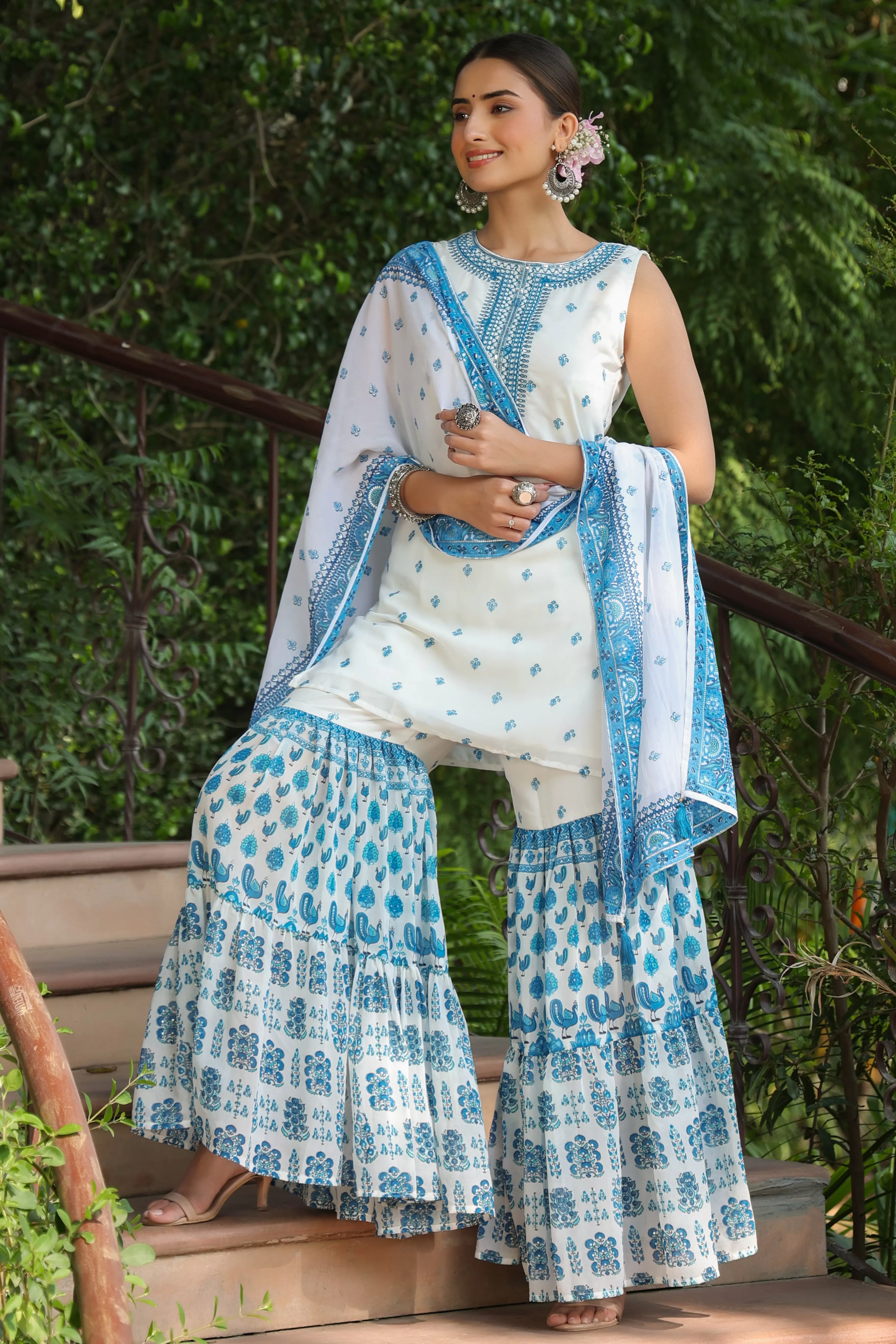 Juniper Blue Ethnic Motif Printed Georgette Kurta Sharara & Dupatta Set With Thread Work Embroidery