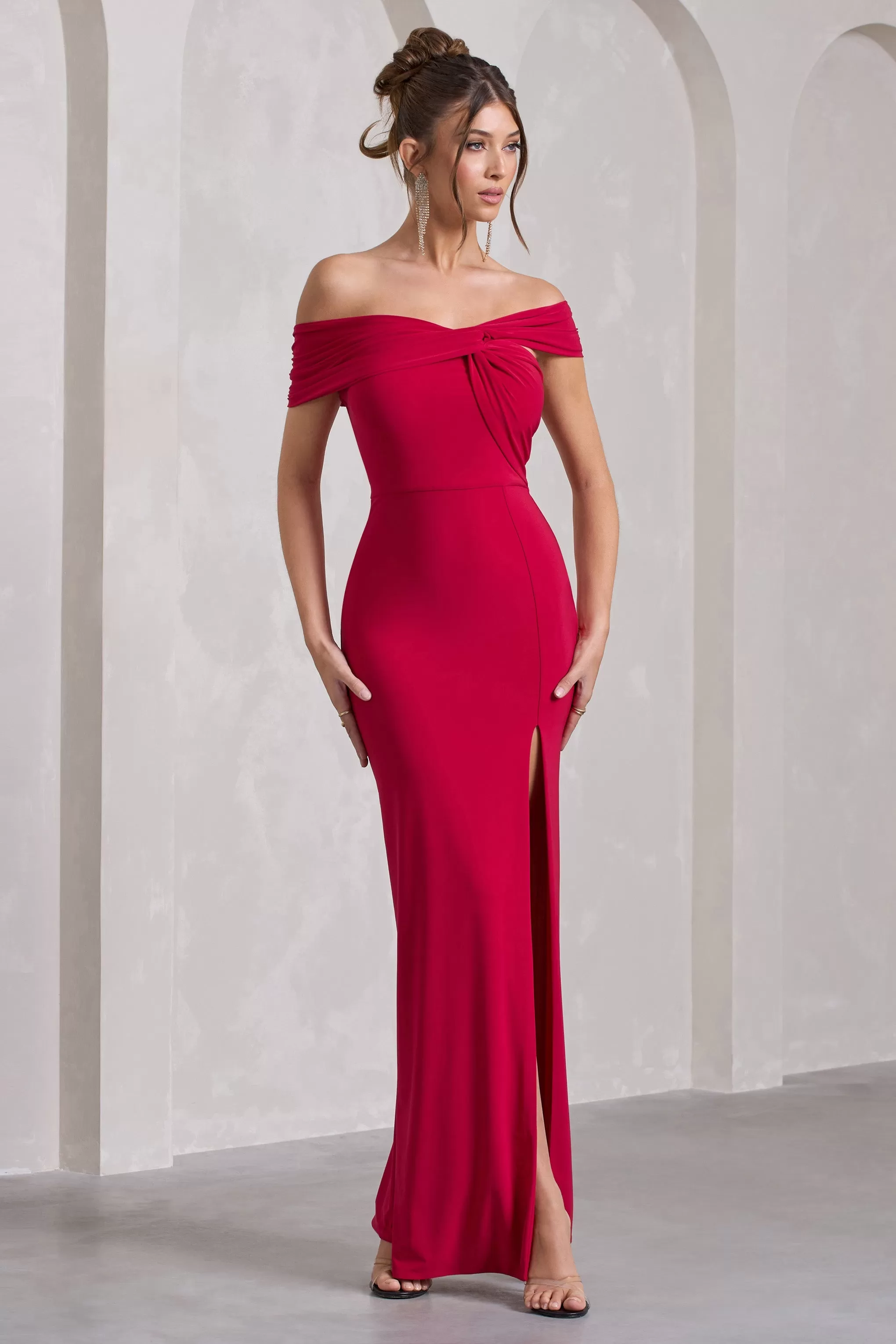 Kara | Red Asymmetric Twisted Bardot Split Maxi Dress