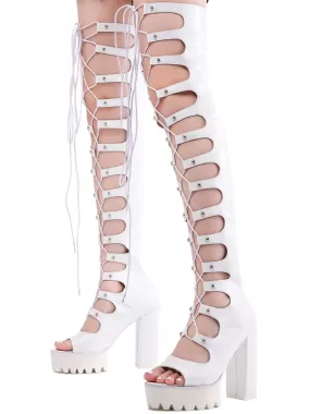 Lace Up Platform Heel Open Toe Knee Sandal