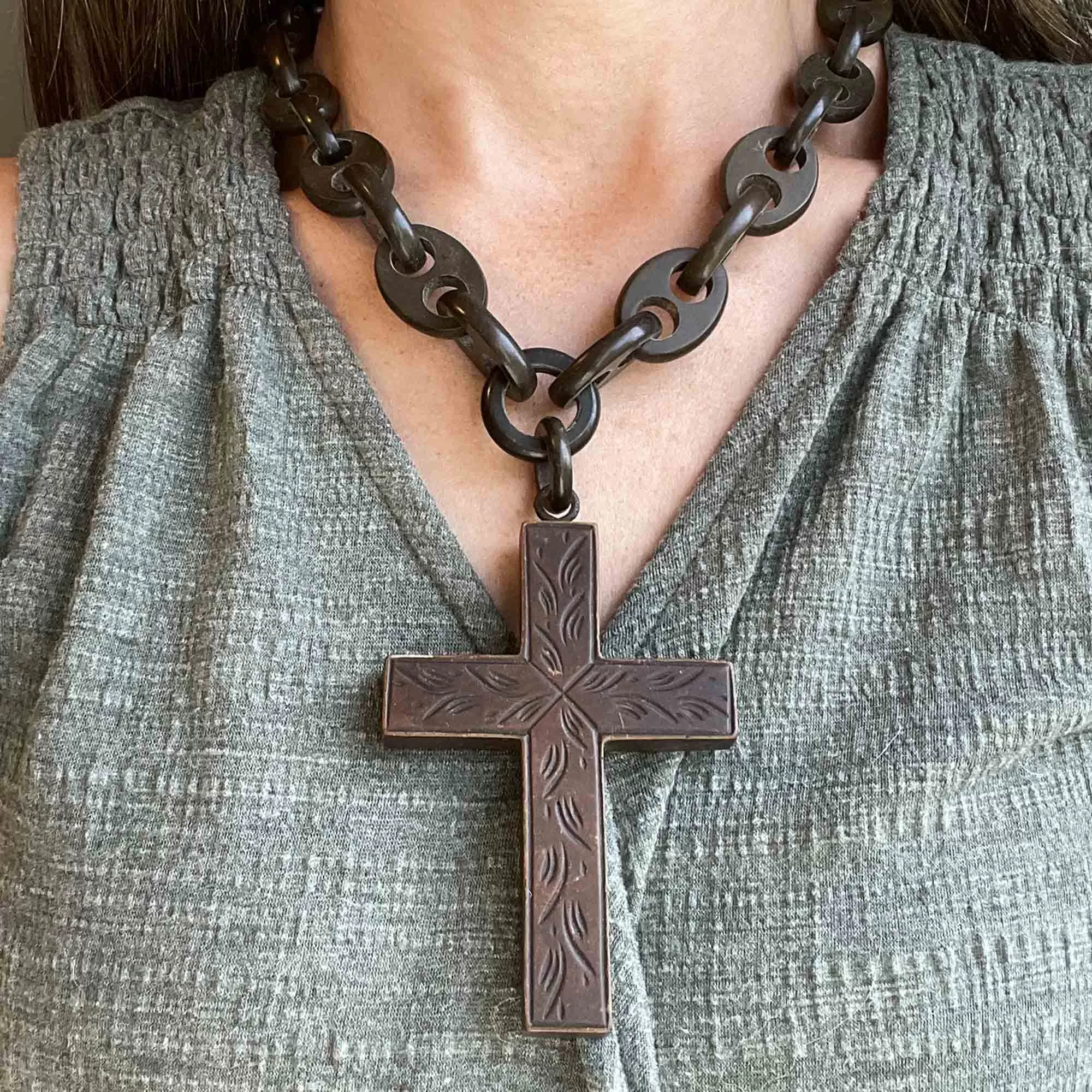 Large Victorian Gutta Percha Cross Pendant Necklace