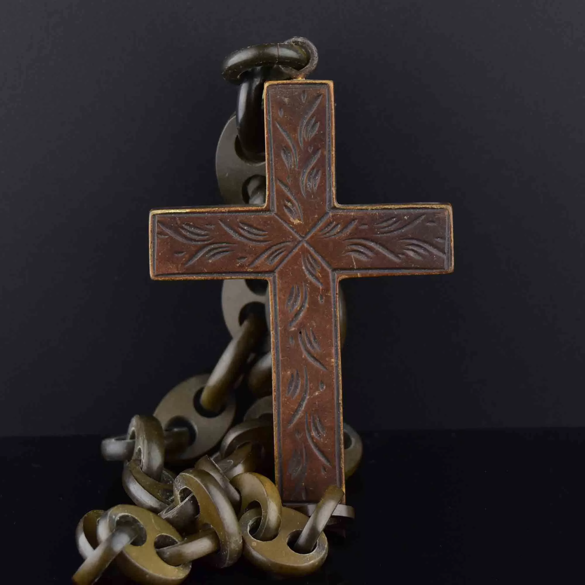 Large Victorian Gutta Percha Cross Pendant Necklace