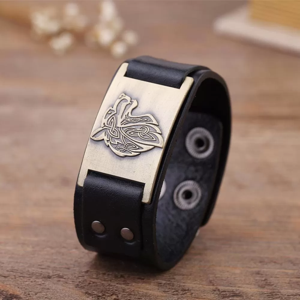 Leather Viking Wolf Head Arm Cuff