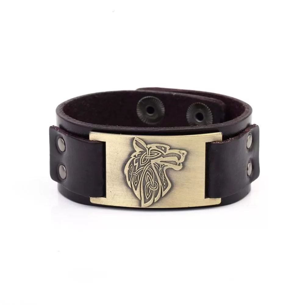 Leather Viking Wolf Head Arm Cuff