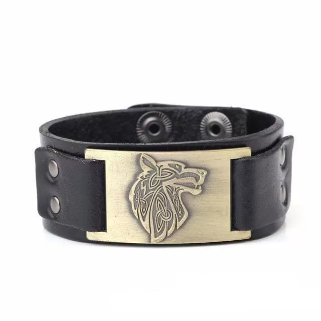 Leather Viking Wolf Head Arm Cuff