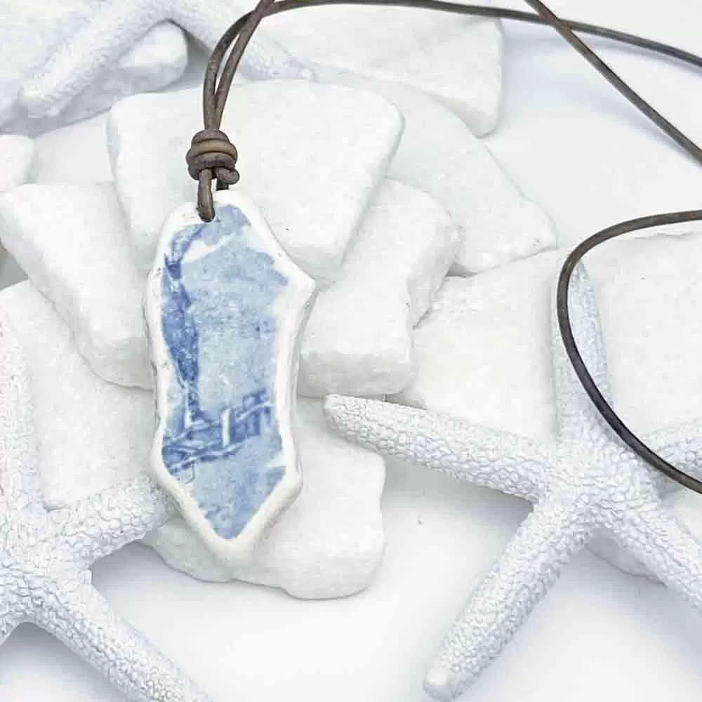 Light Blue and White Vintage Dinnerware Sea Pottery Shard Leather Necklace | #5088