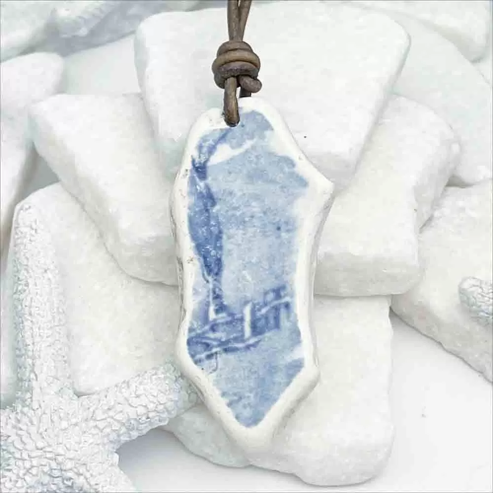 Light Blue and White Vintage Dinnerware Sea Pottery Shard Leather Necklace | #5088